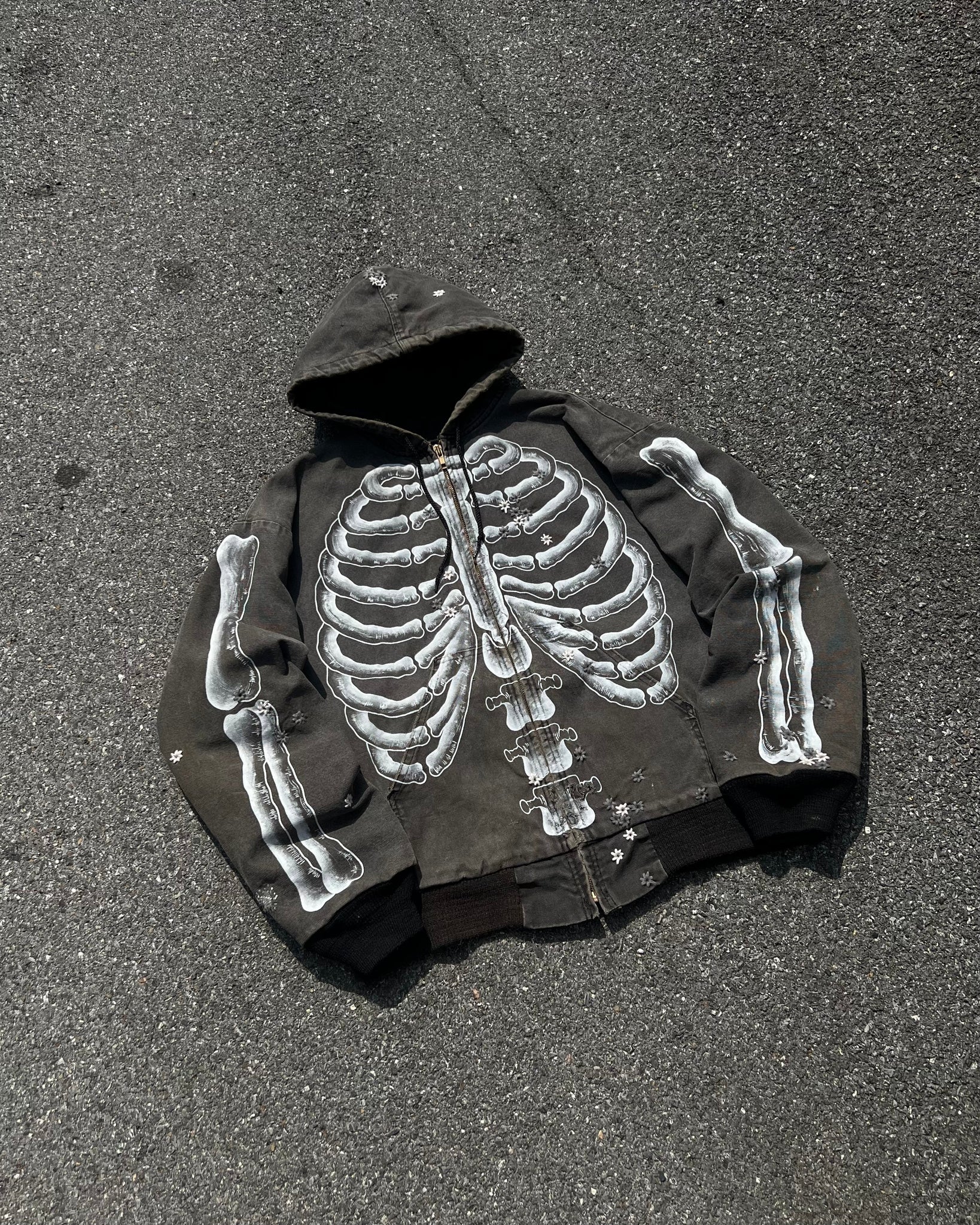 ""'SKELETON 100 HOLE Embroidered Faded Black Jacket ☠️☠️