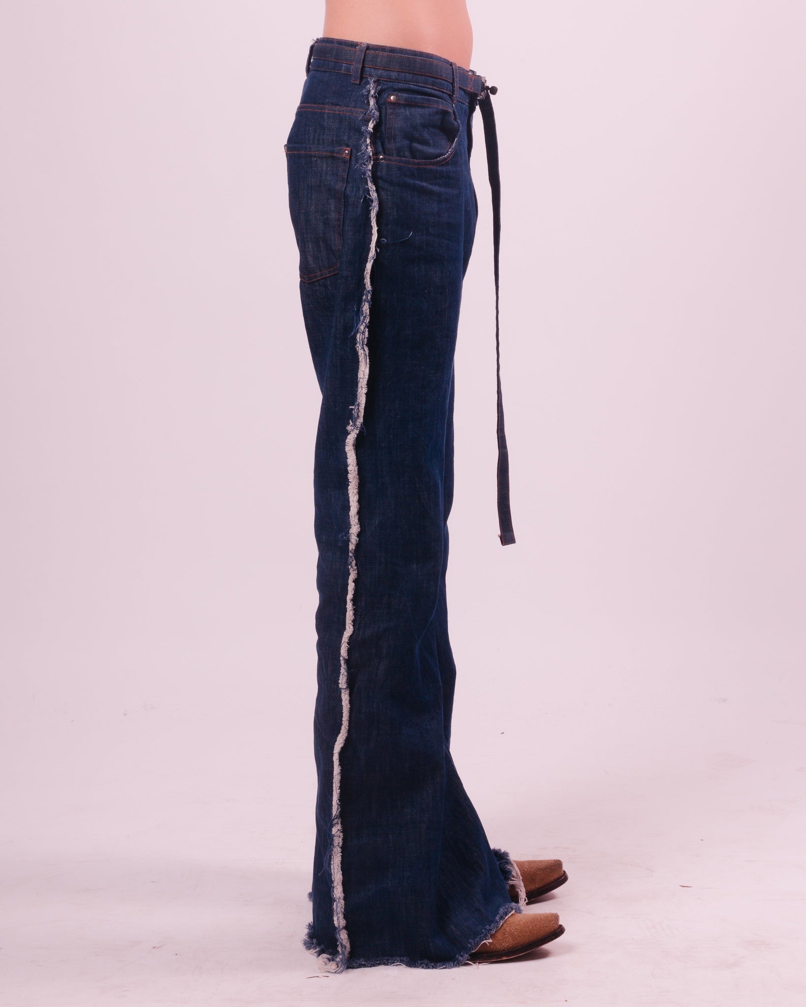 Blue Denim Flared Trouser w/ Fraying Seams