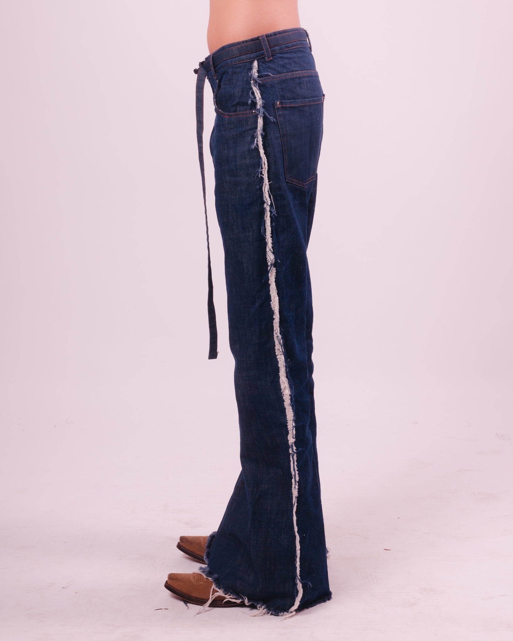 Blue Denim Flared Trouser w/ Fraying Seams