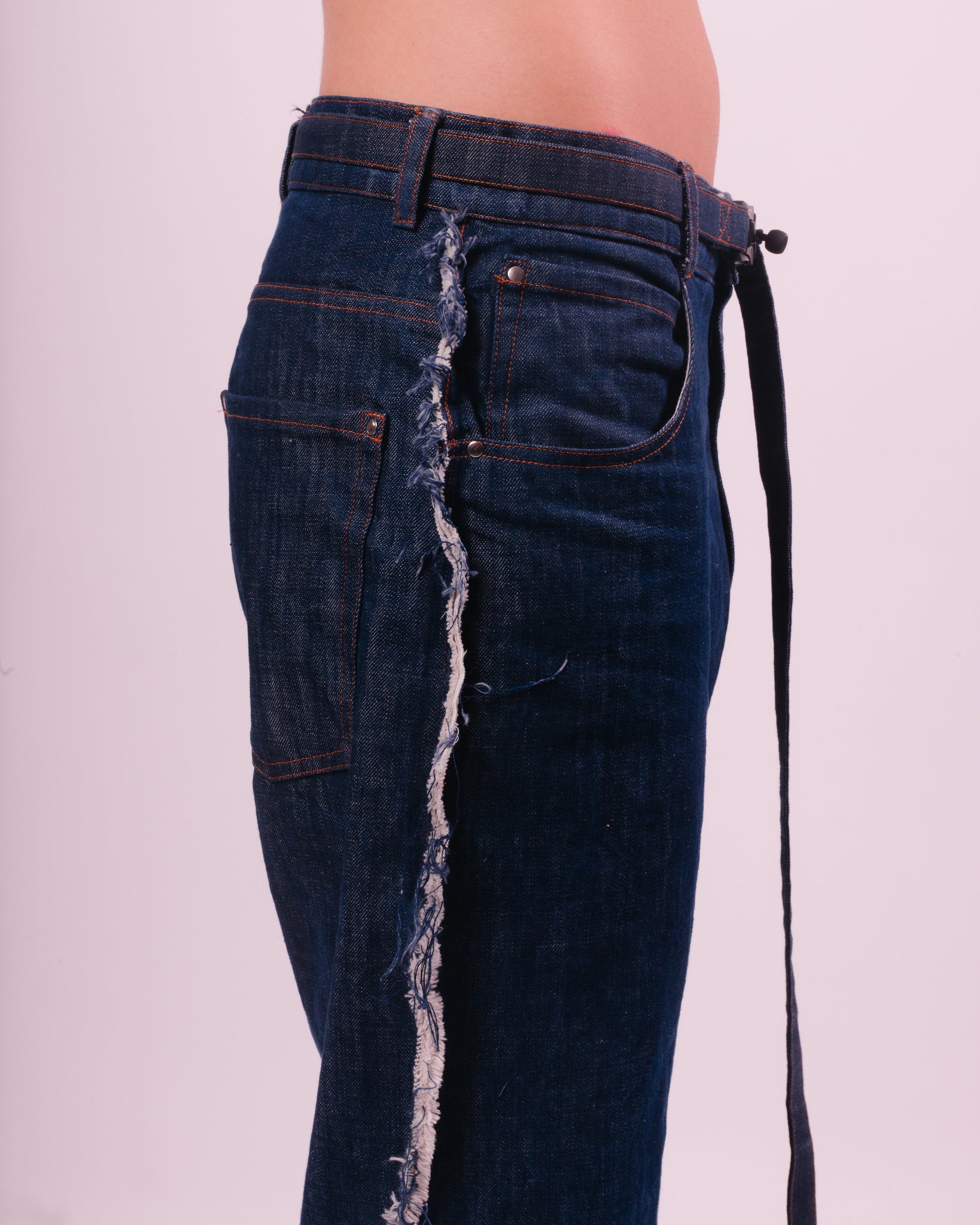 Blue Denim Flared Trouser w/ Fraying Seams