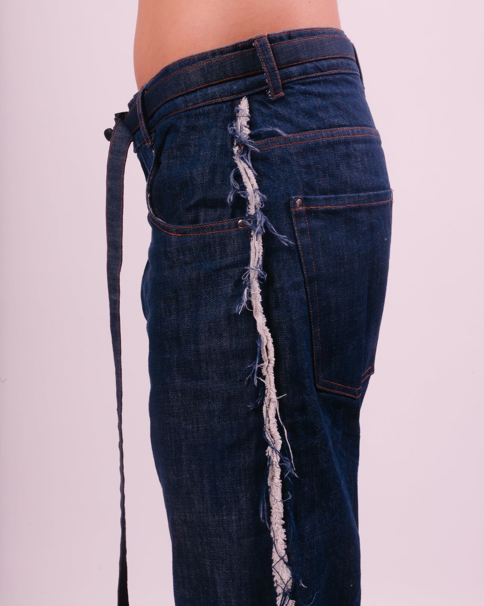 Blue Denim Flared Trouser w/ Fraying Seams