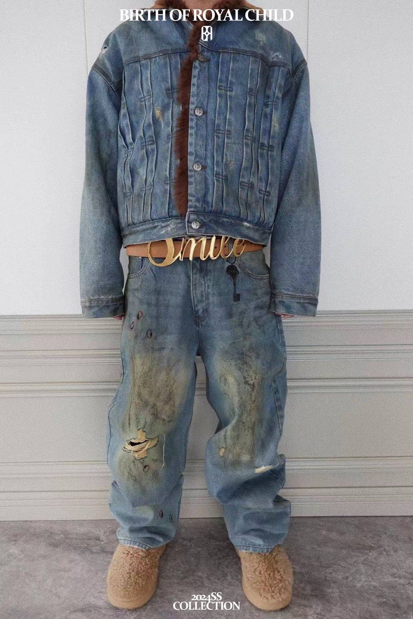 Dirty-Washed Brushing Wax Baggy Denim