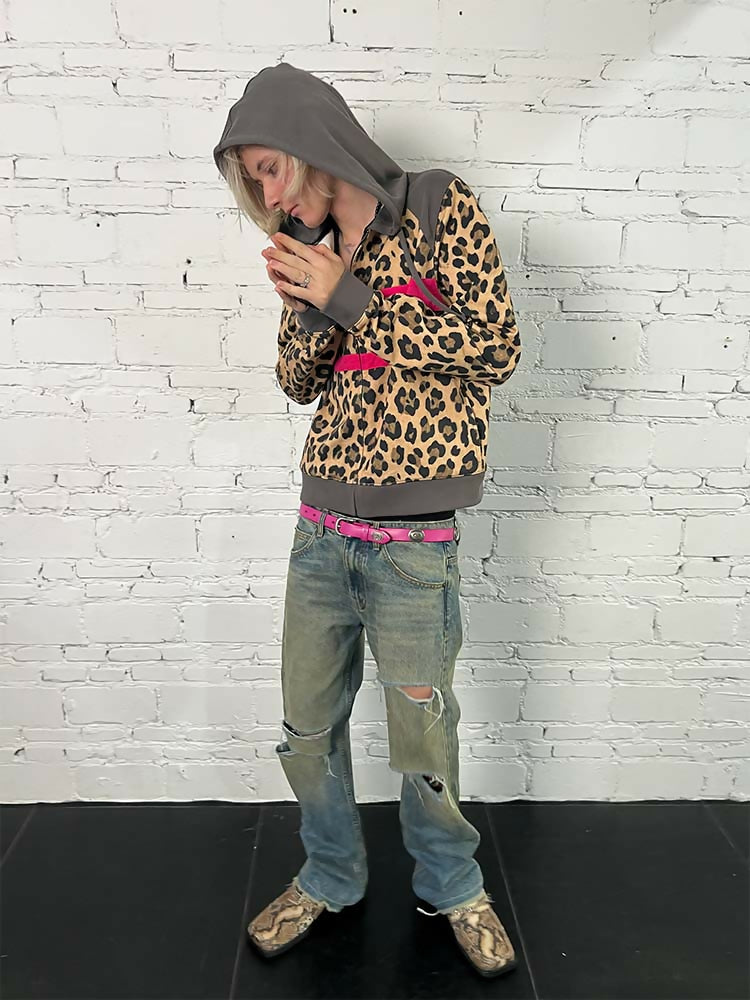 LEOPARD PLAID PATCH COLOR BLOCK HOOD JACKET