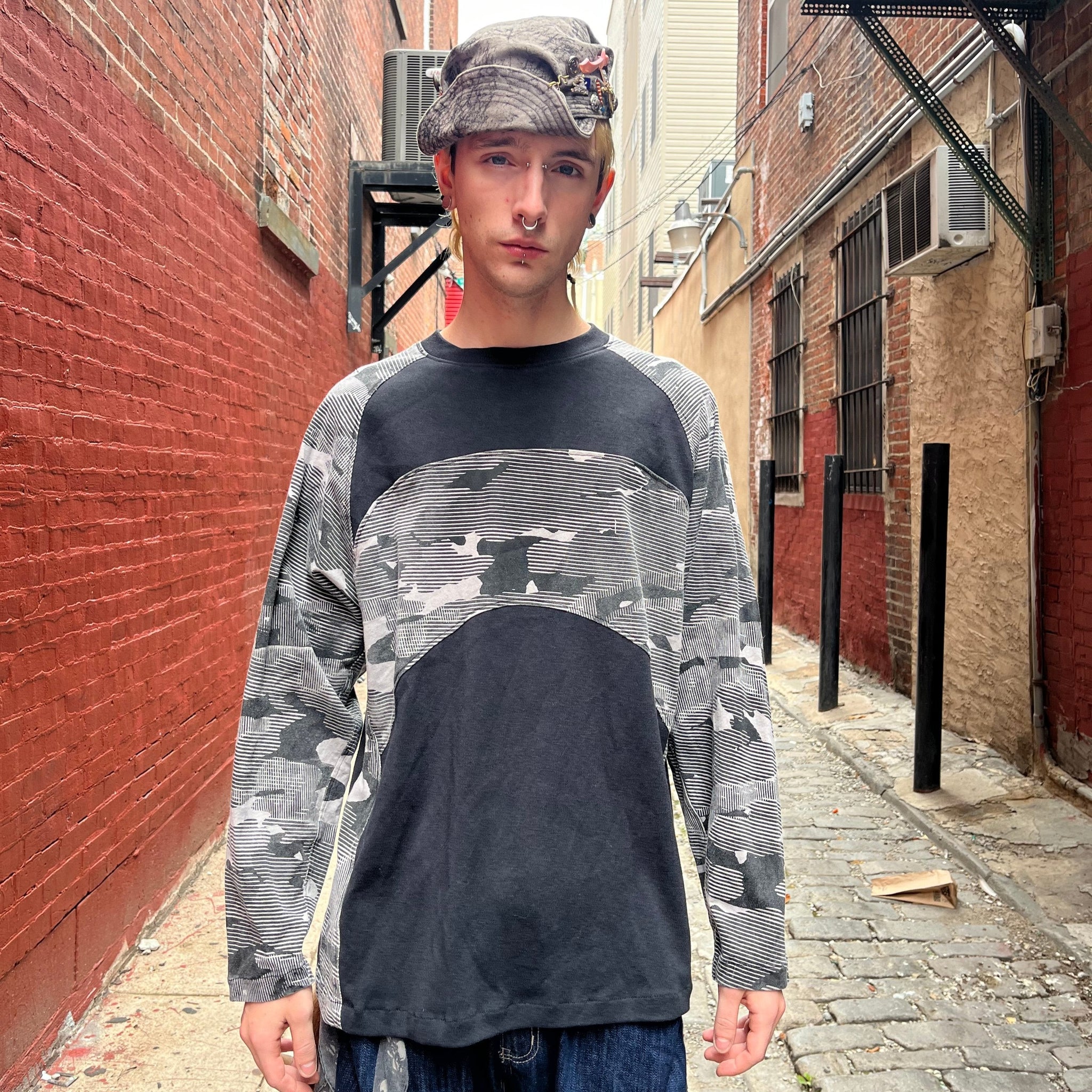 Paneled Raglan Long Sleeve Tee - Black Tea Cotton Mapped Mono Camo