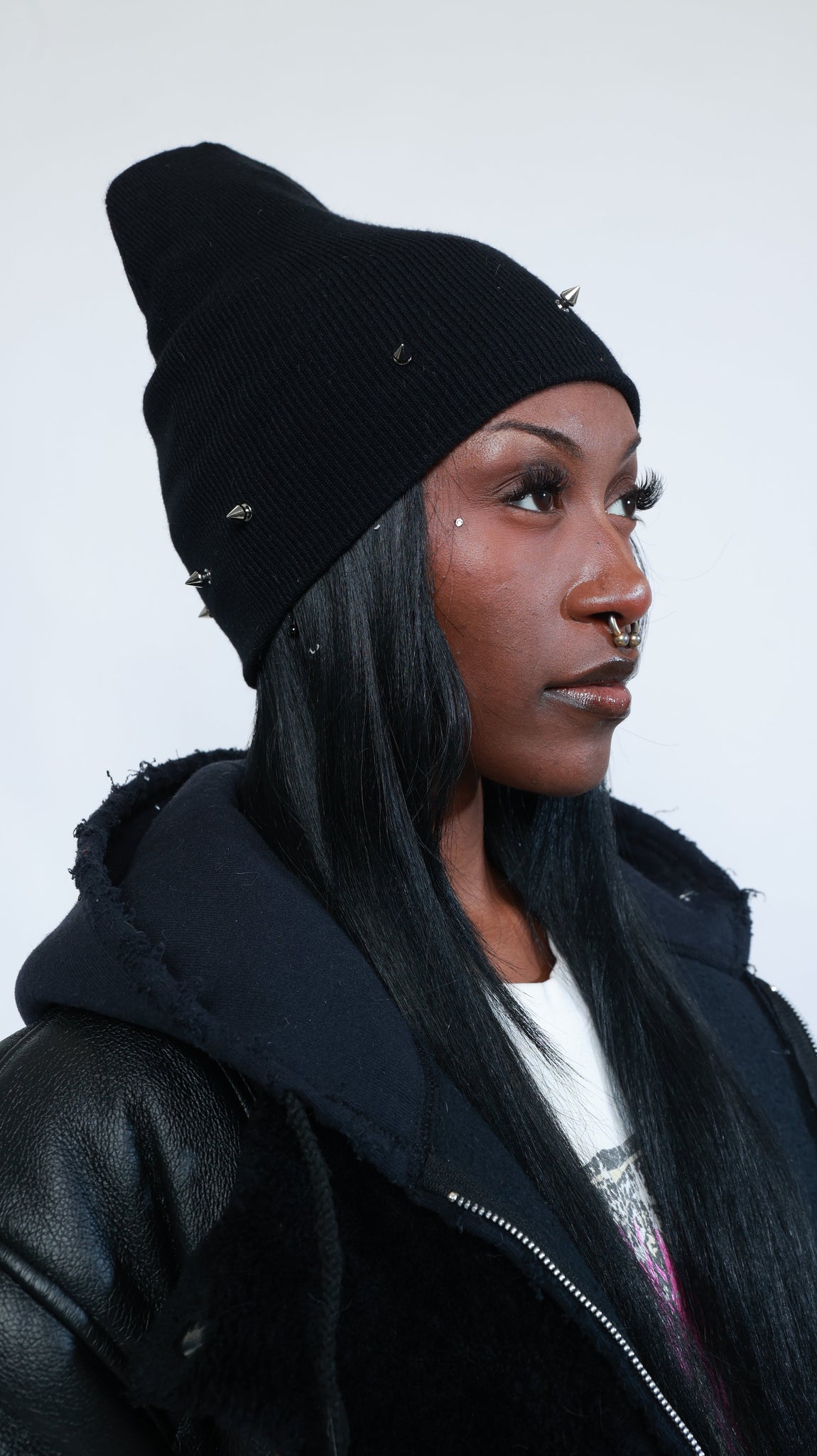 Short Spiked Rib-Knit Beanie (Black)