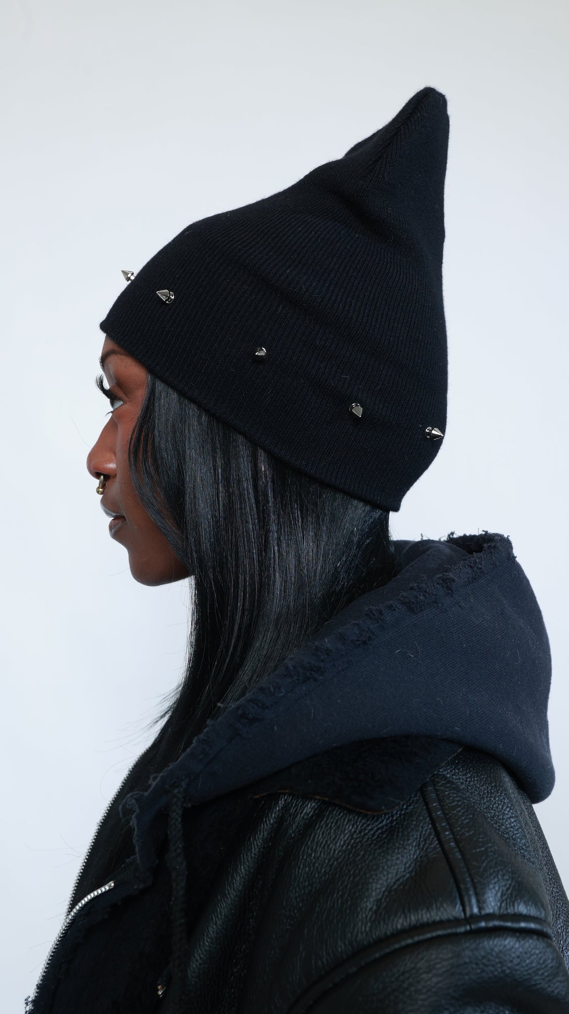 Short Spiked Rib-Knit Beanie (Black)