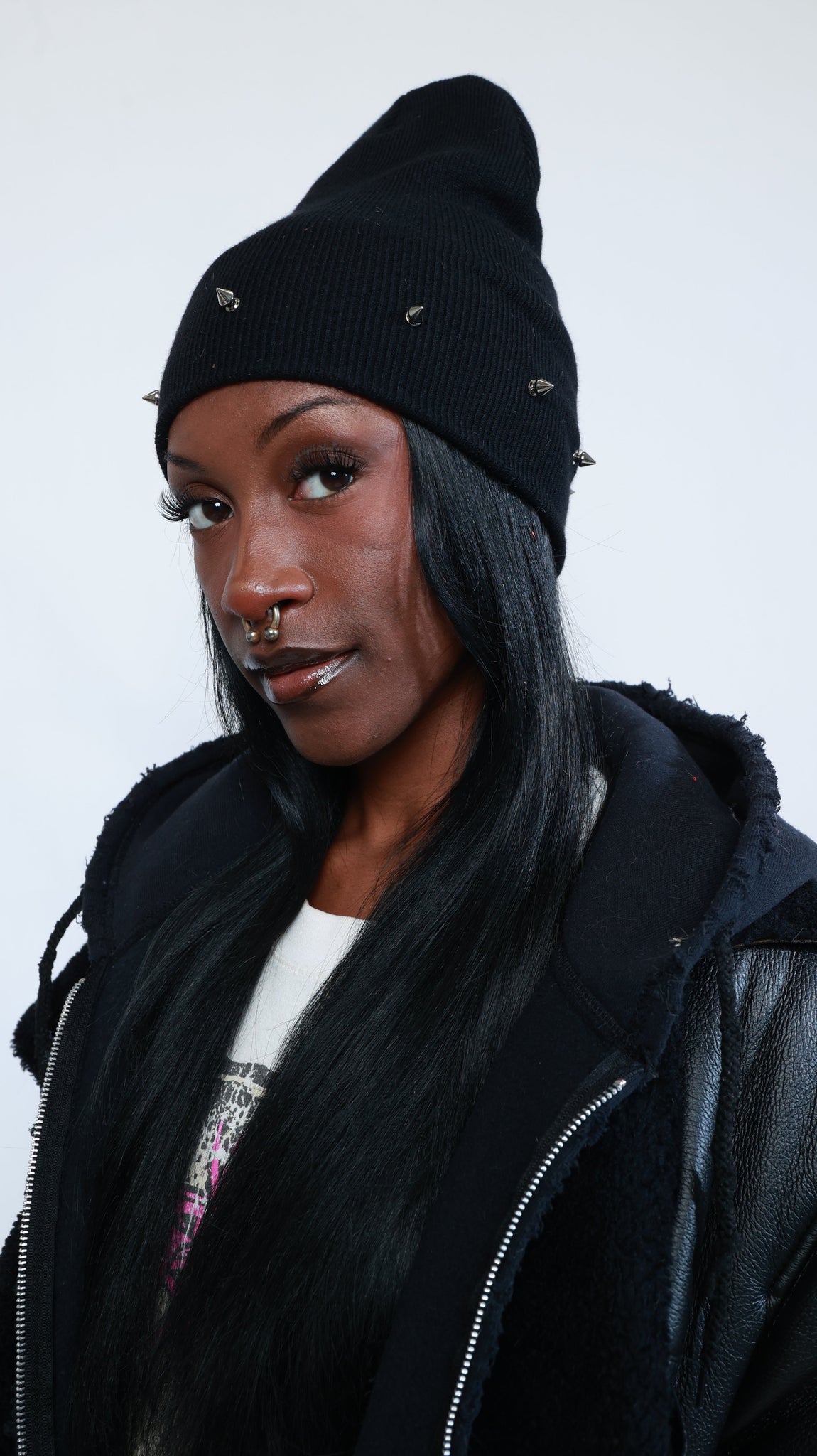 Short Spiked Rib-Knit Beanie (Black)