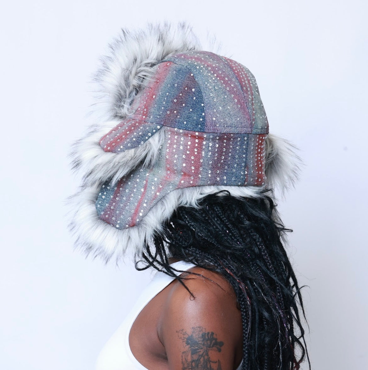 Upcycled Rhinestone Trapper Hat (Red and Blue)