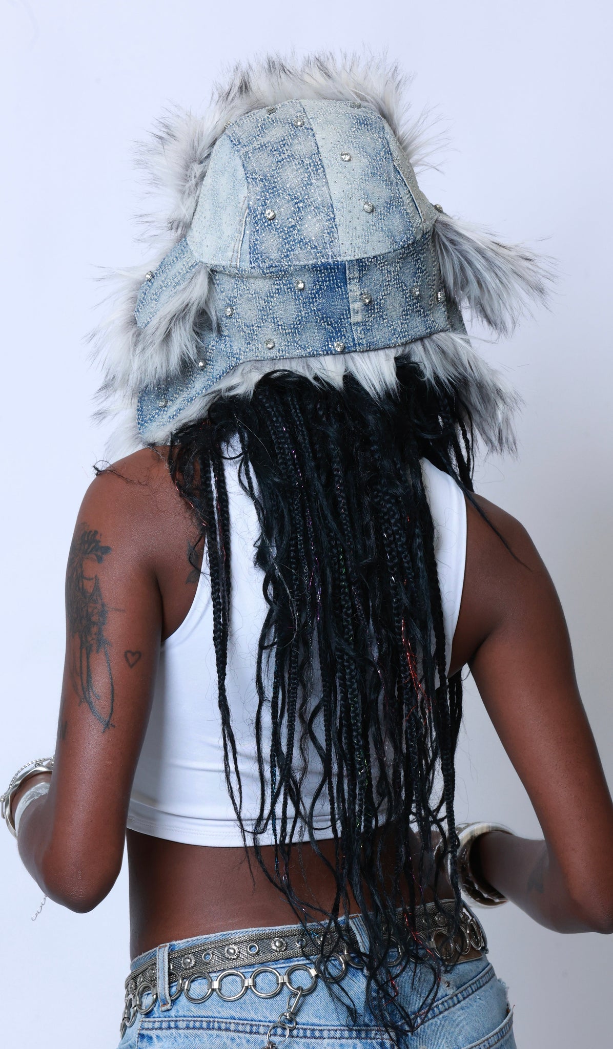 Upcycled Rhinestone Trapper Hat (Light Denim Wash)