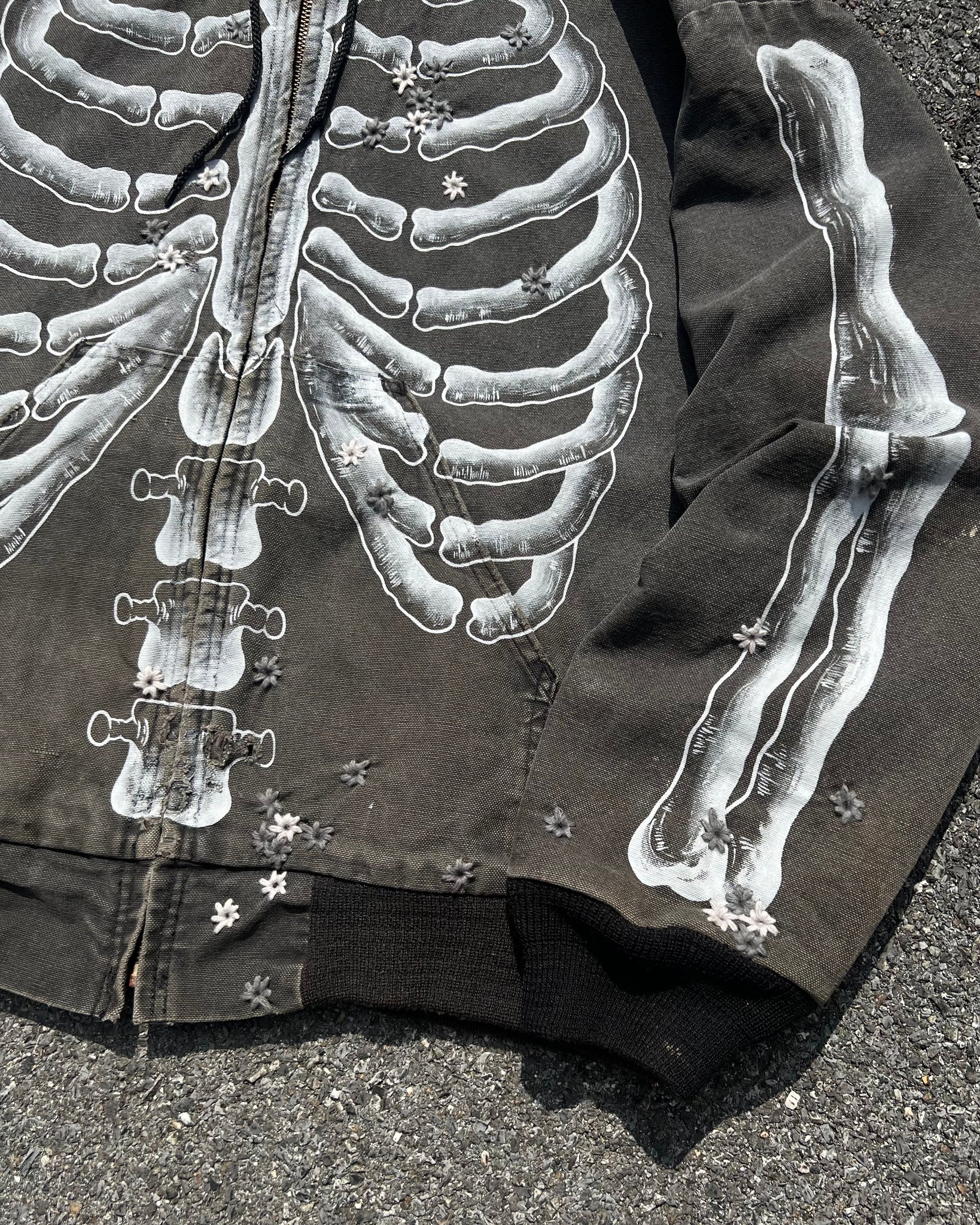 ""'SKELETON 100 HOLE Embroidered Faded Black Jacket ☠️☠️