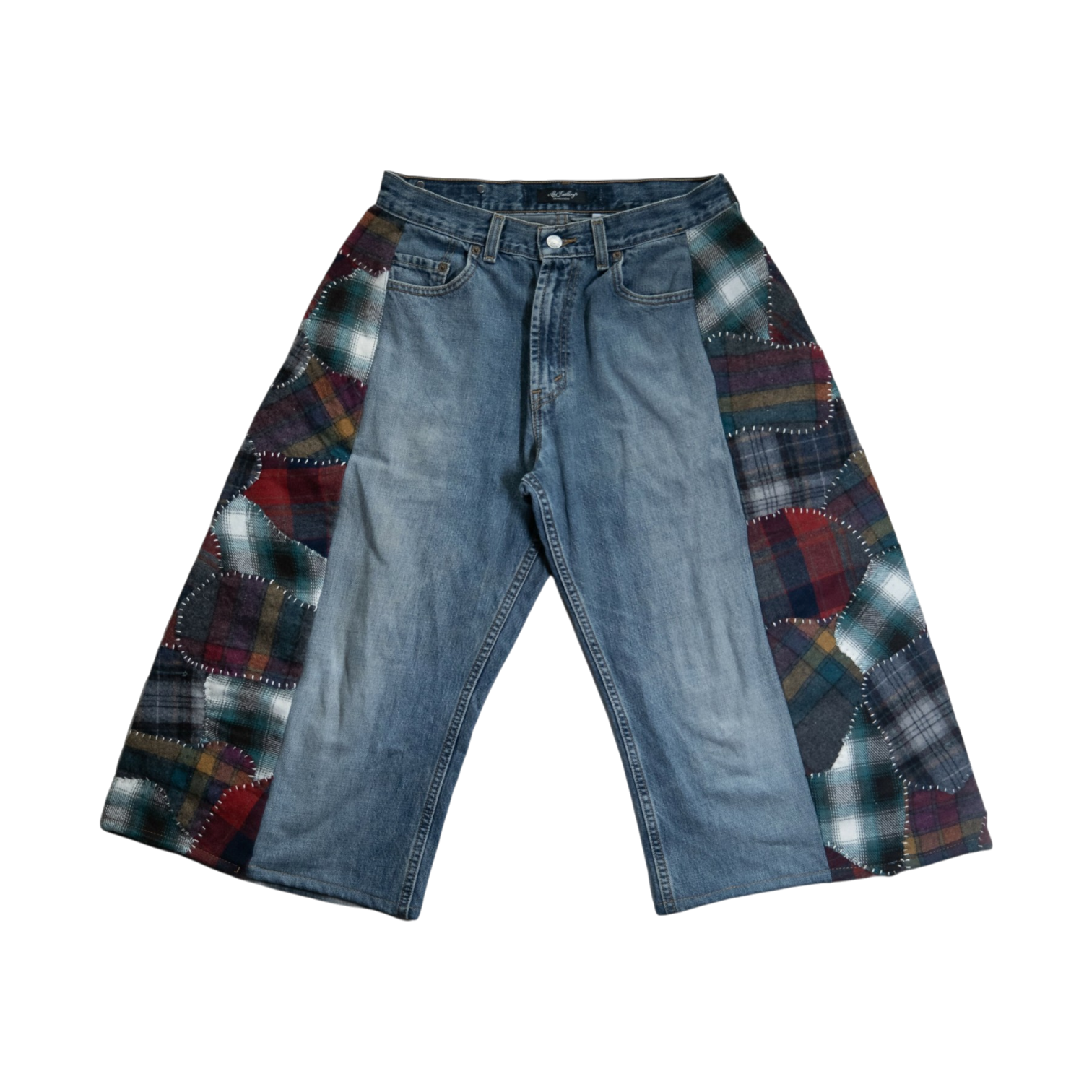 Patchwork Wool Side-Seam Denim Shorts