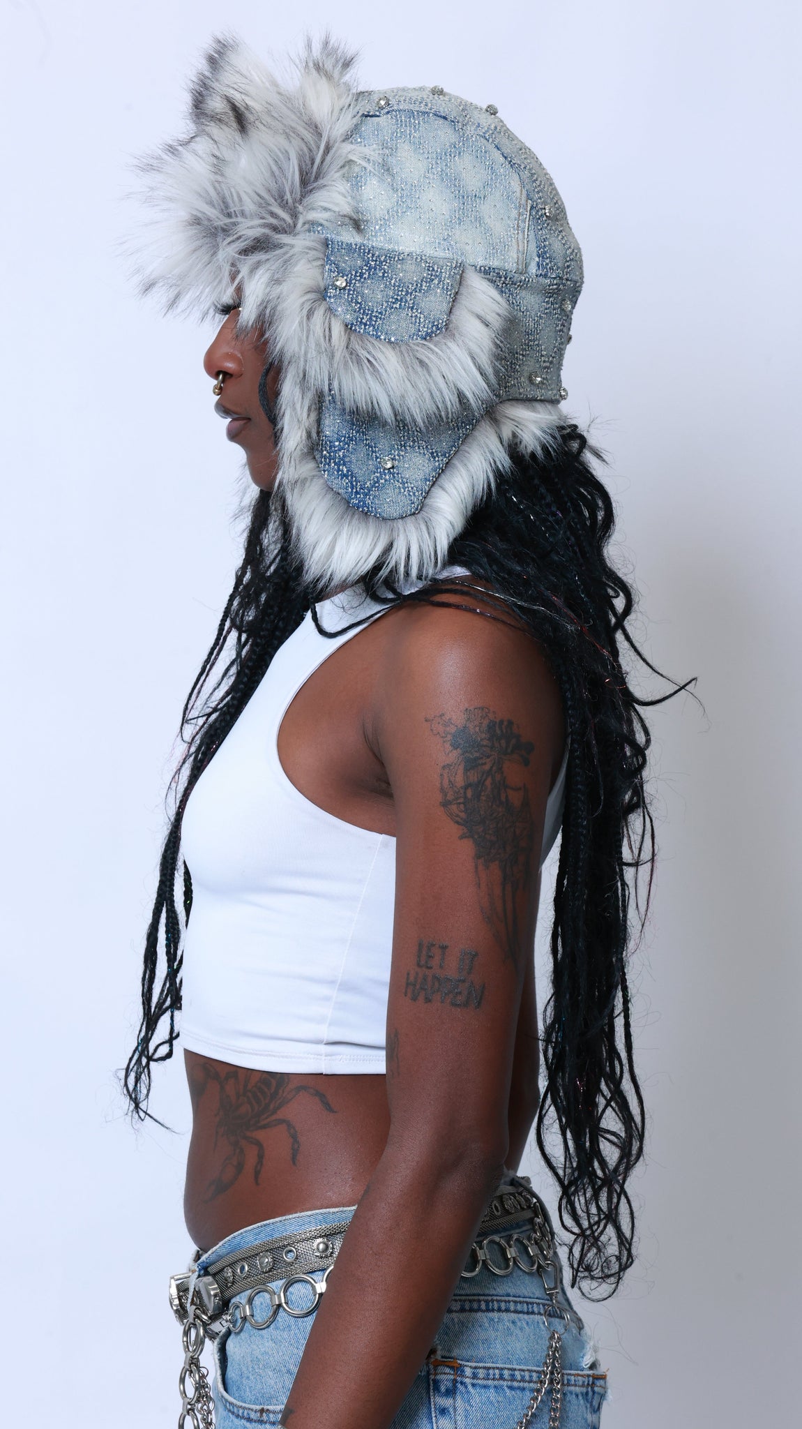 Upcycled Rhinestone Trapper Hat (Light Denim Wash)