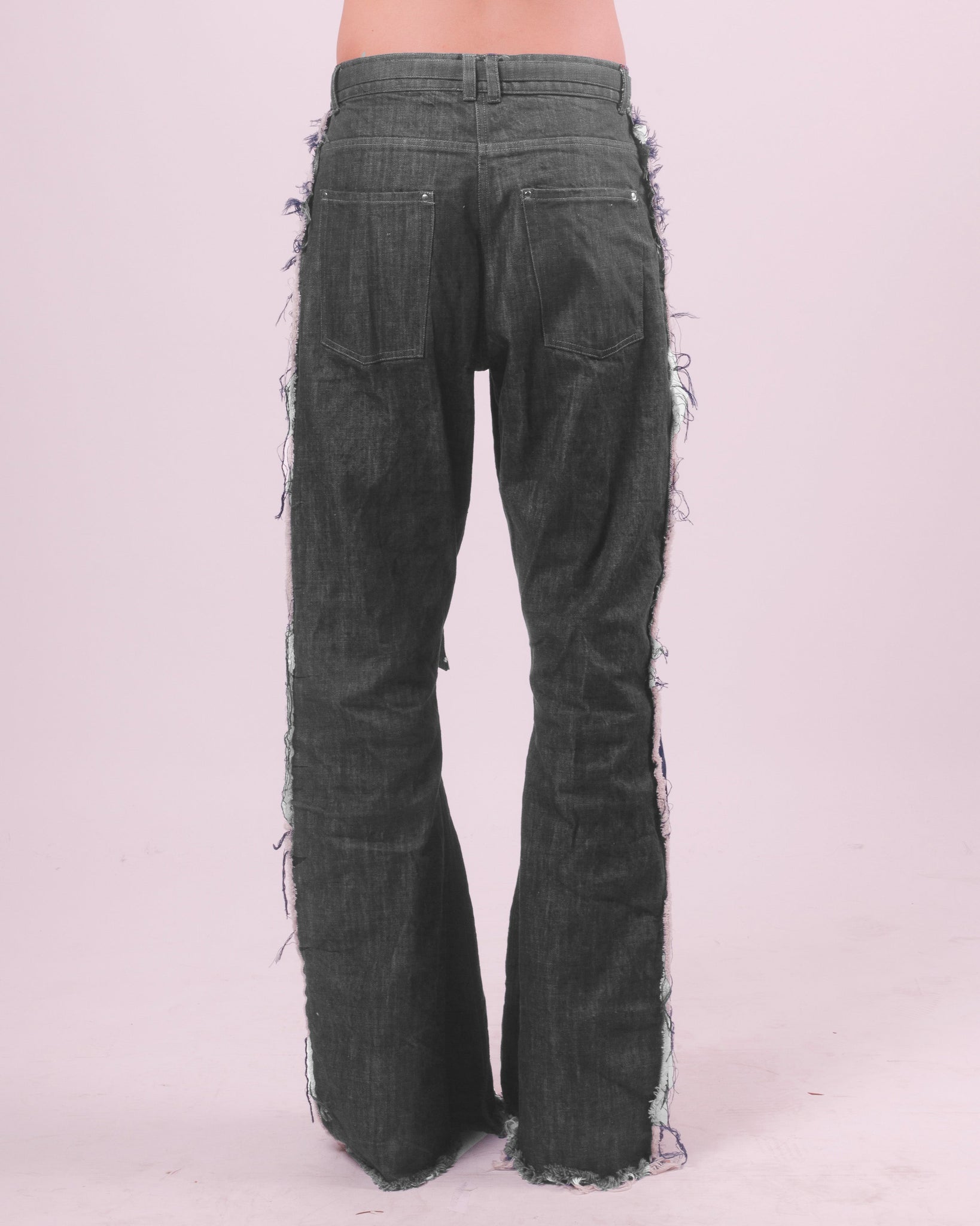 Grey Denim Flared Trouser w/ Fraying Seams