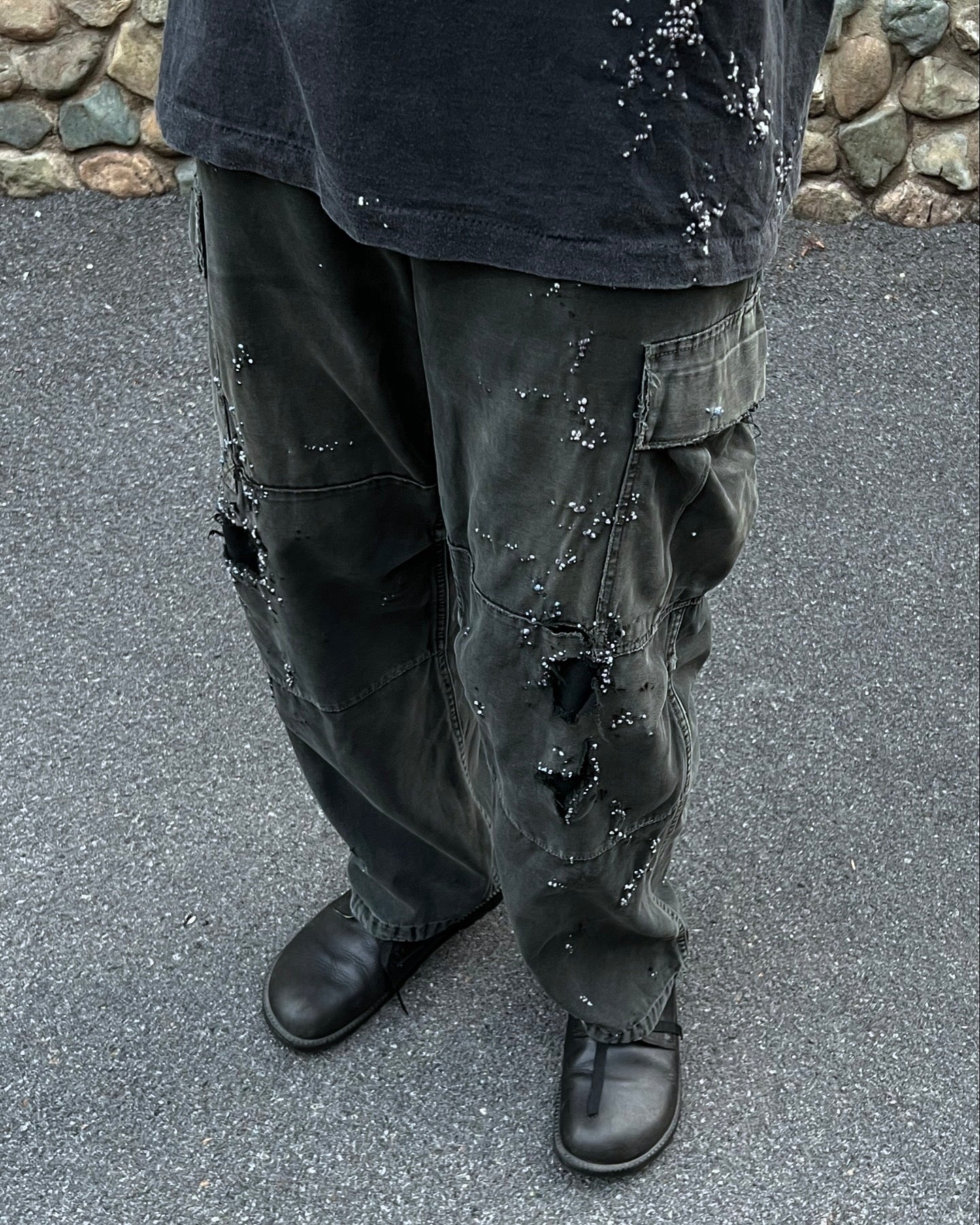 ""'Embroidered Dot Black Faded Cargo Pants