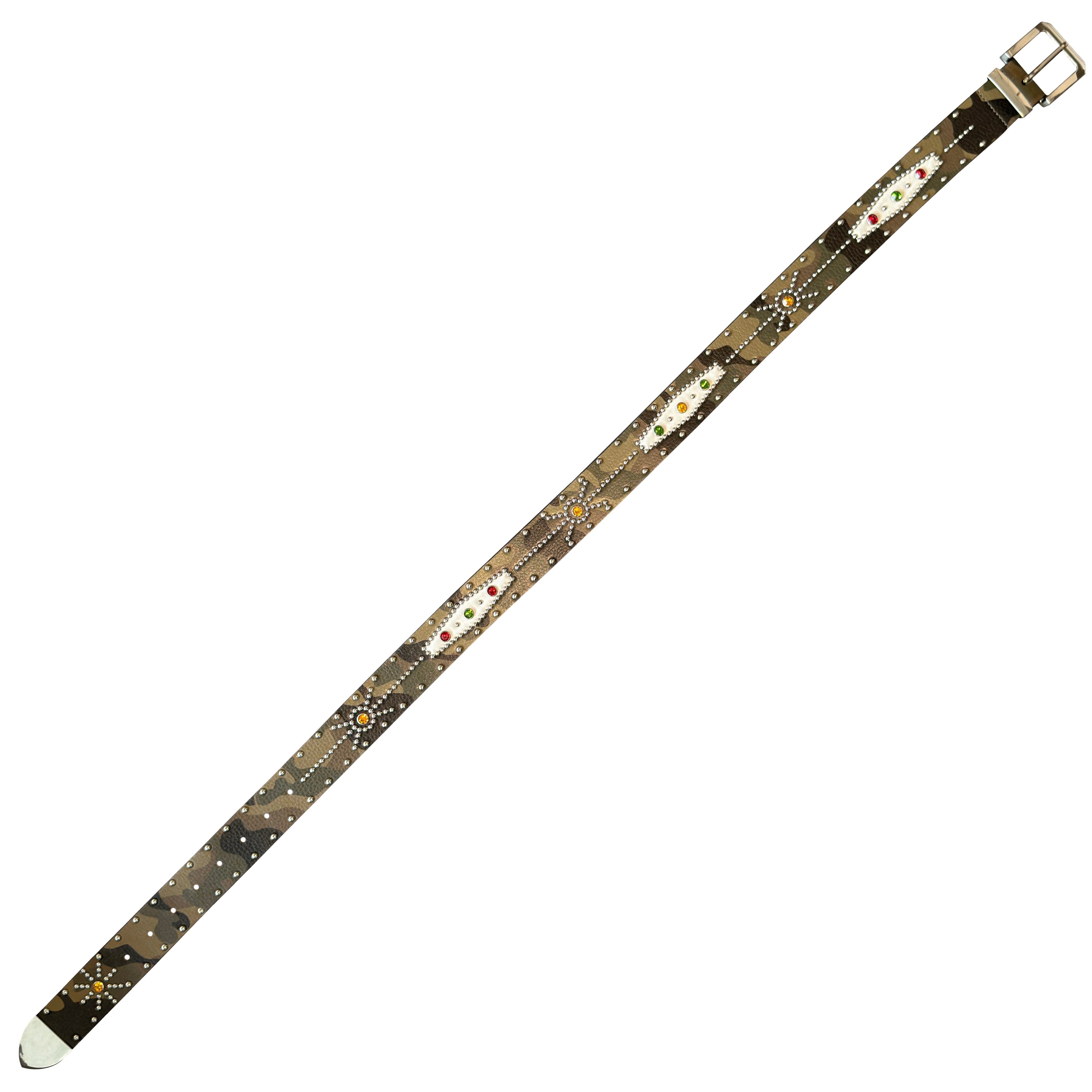 STUDDED CAMO COWHIDE BELT IN GREEN
