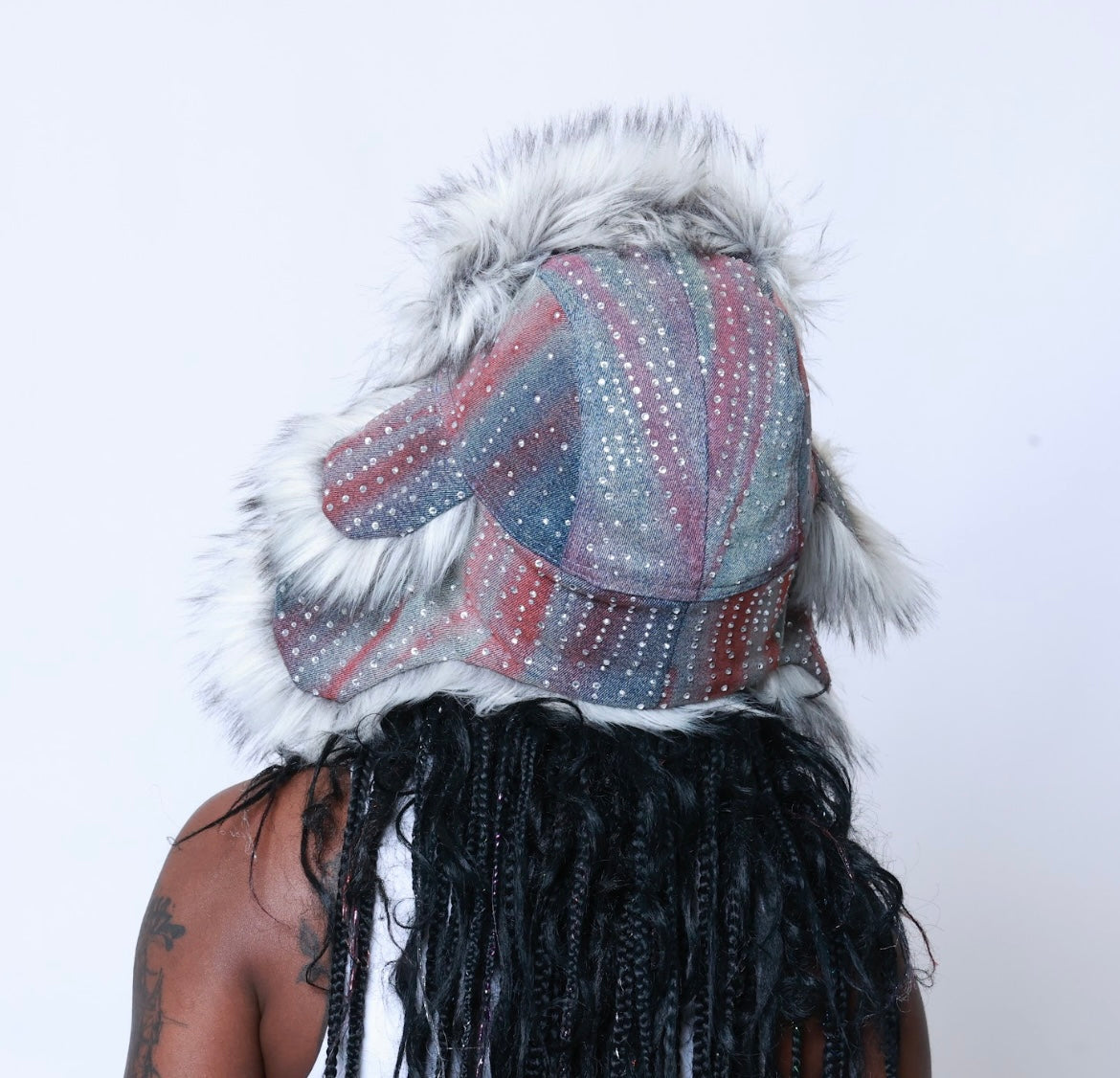 Upcycled Rhinestone Trapper Hat (Red and Blue)