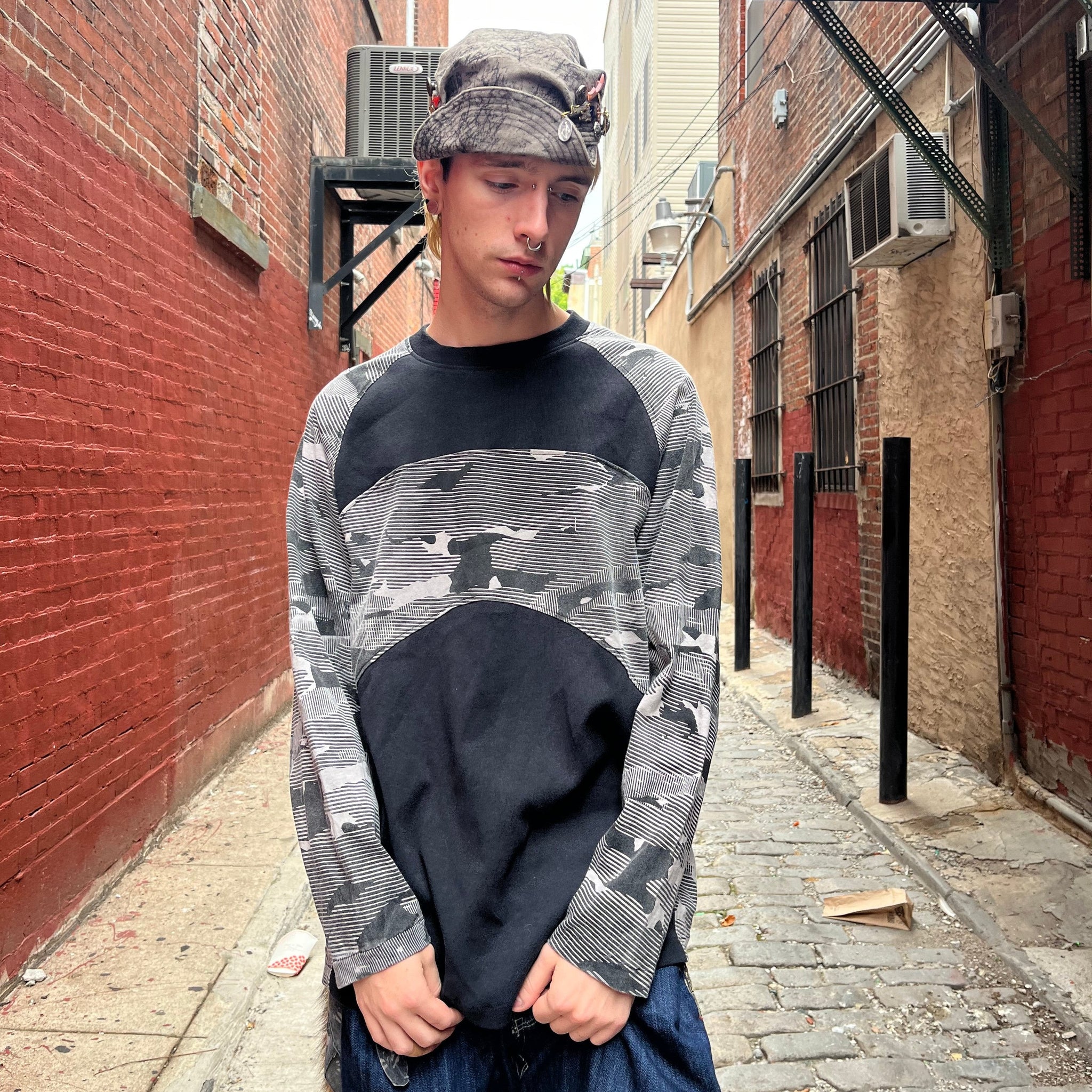 Paneled Raglan Long Sleeve Tee - Black Tea Cotton Mapped Mono Camo