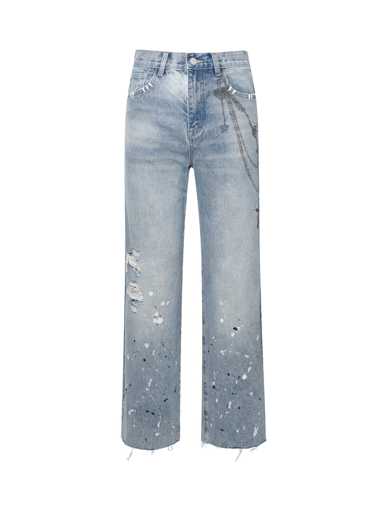 Chain Ink Print Detailed Patch Jeans