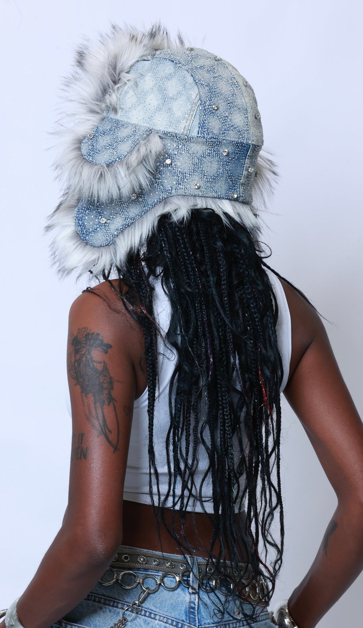 Upcycled Rhinestone Trapper Hat (Light Denim Wash)