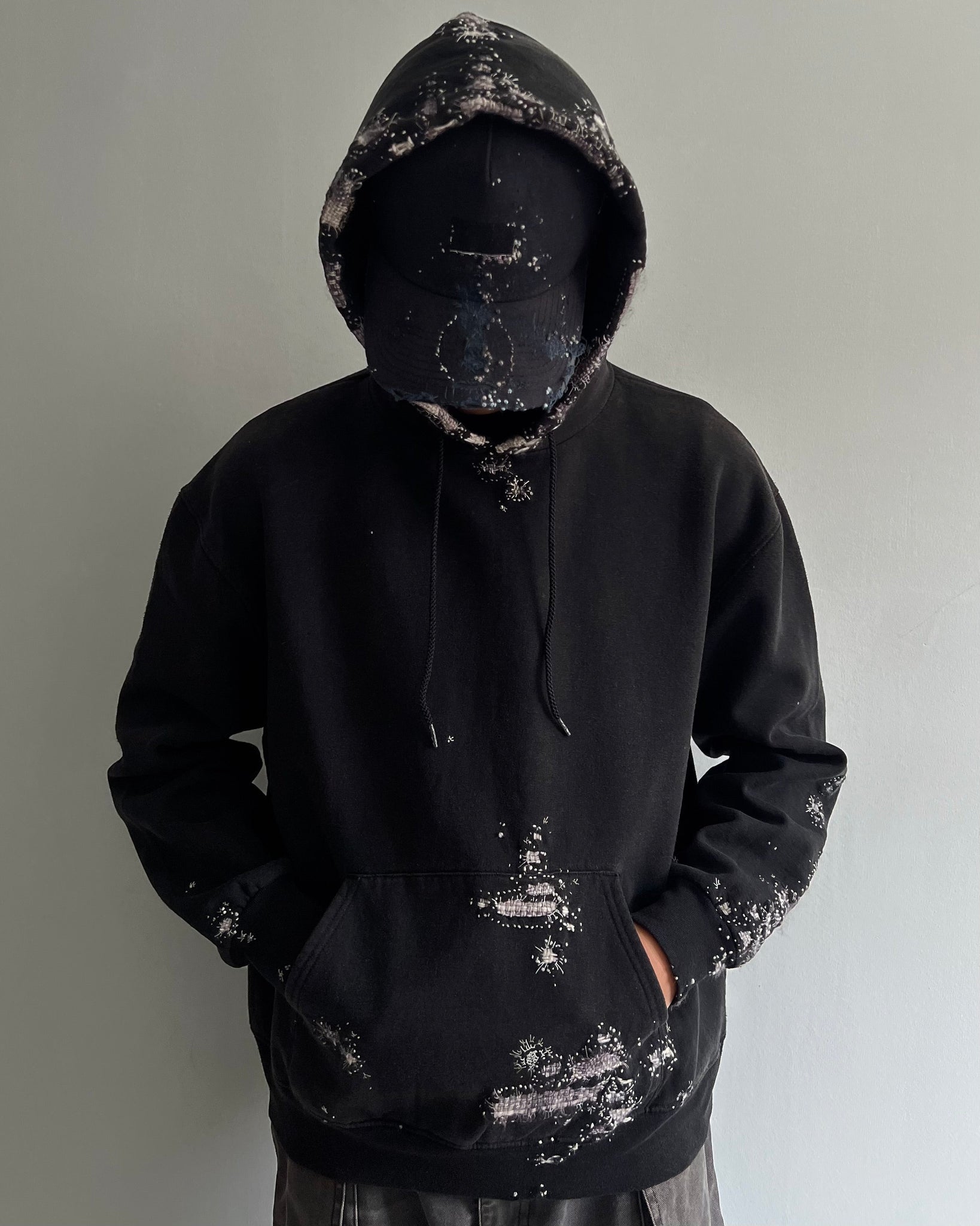 ""'Embroidered BORO Black Hoodie