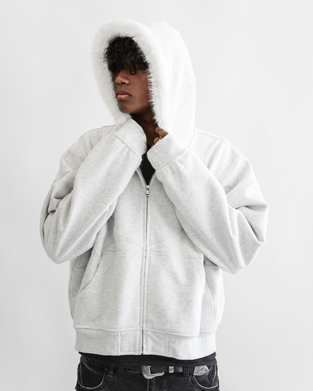 "Surrender" Fur Zip Hoodie (Light Gray)