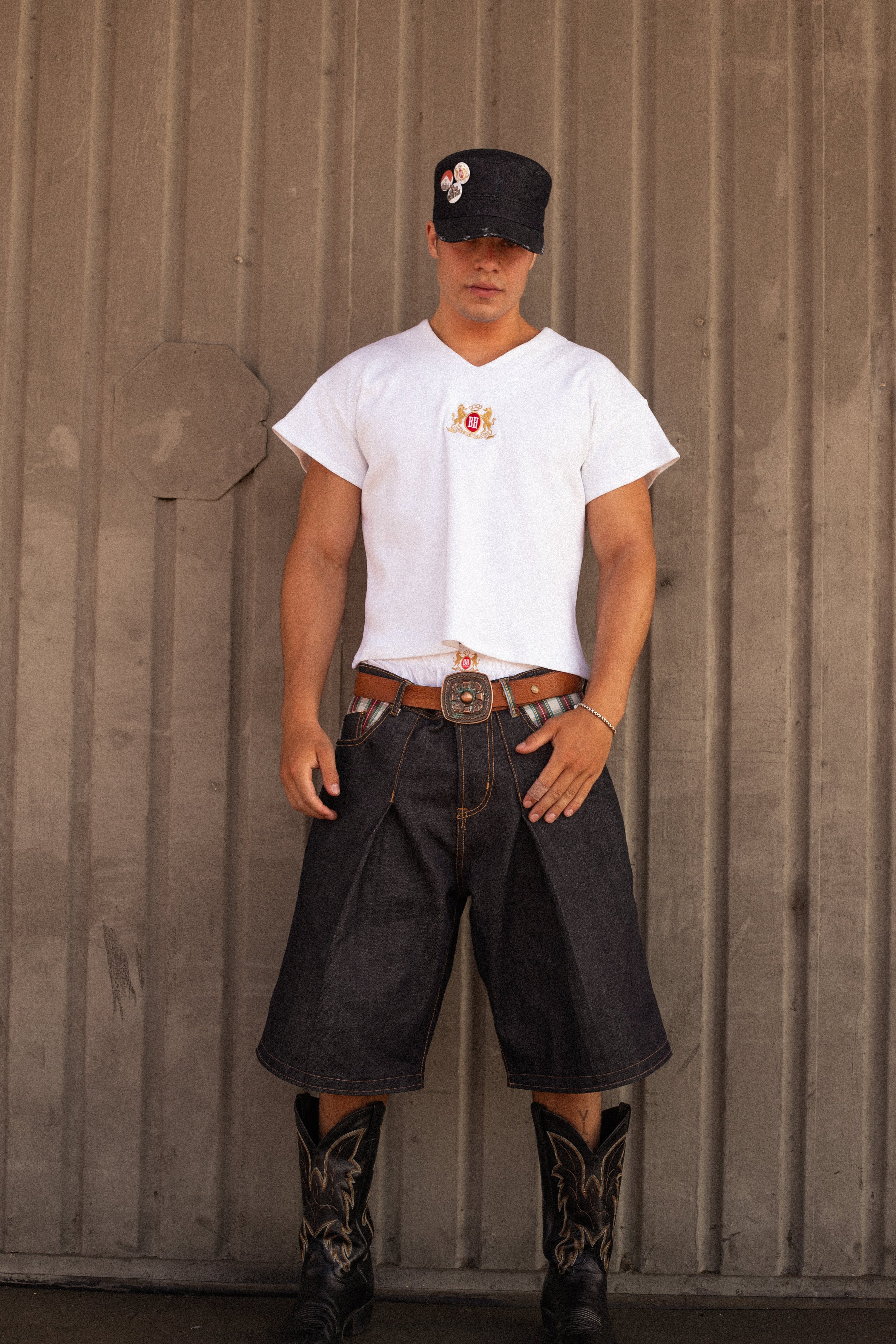 Selvedge denim pleated jorts