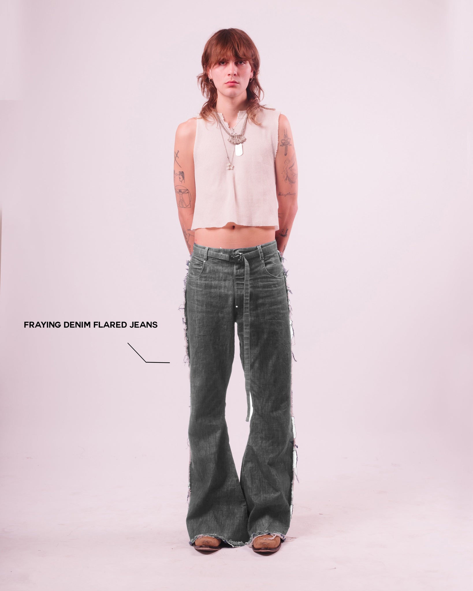 Grey Denim Flared Trouser w/ Fraying Seams