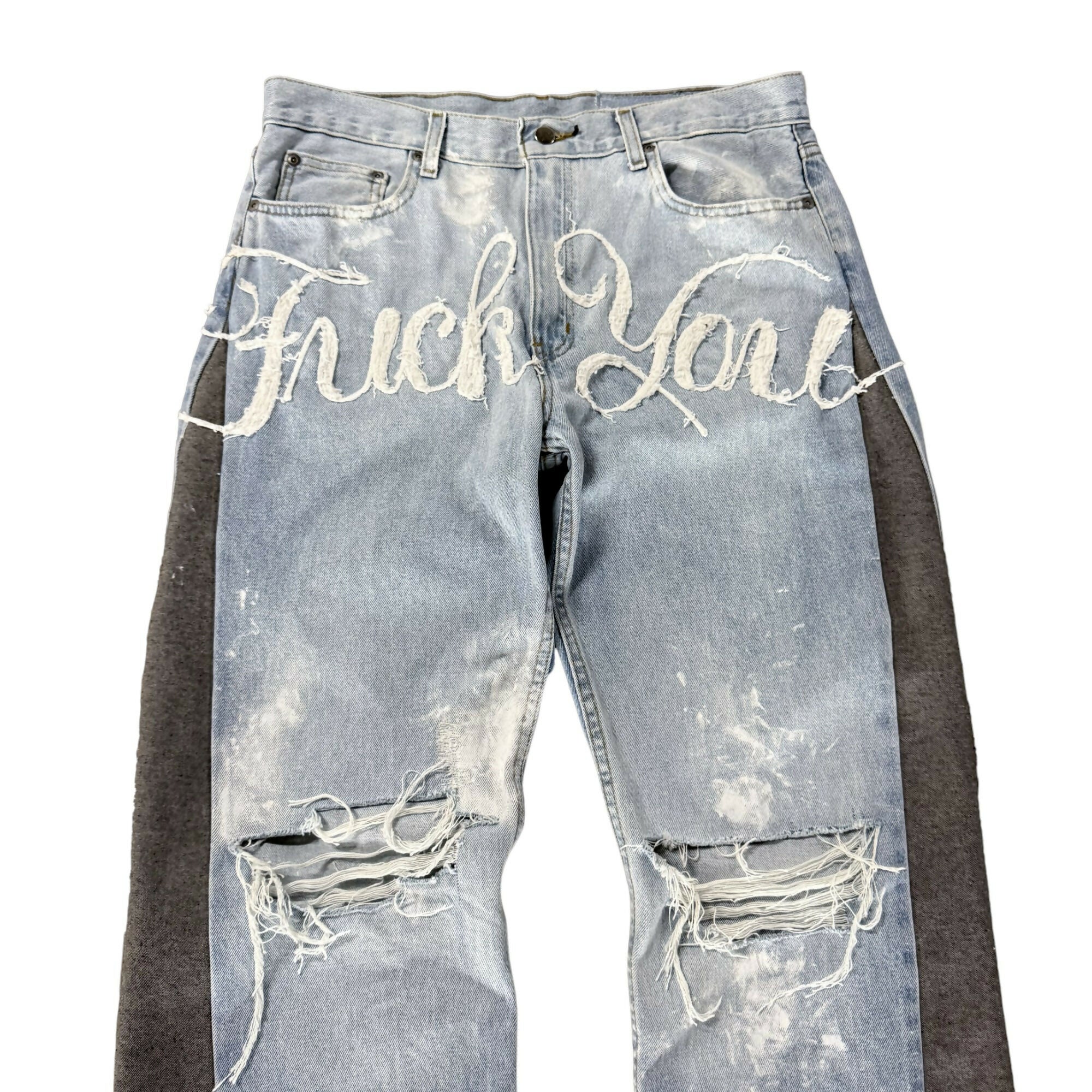 即完売 unmapped Washed out script jeans Asymmetric Wrap Faded Jeans, Stone Wash – SourceUnknown