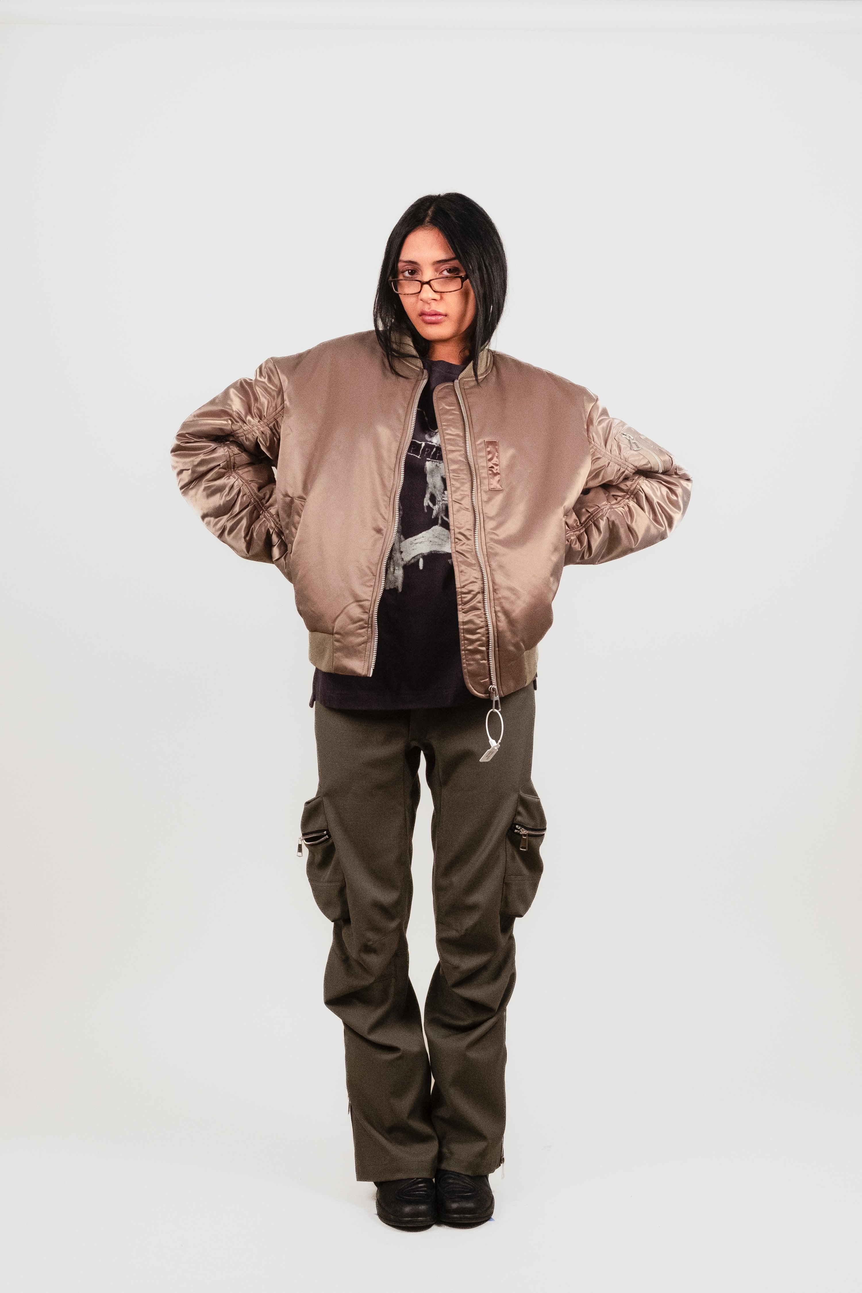 Alternate front facing photograph of Anisa in the Ruched Bomber — feminine streetwear silhouette built on iconic MA-1 structure and tailored sleeve ruching.
