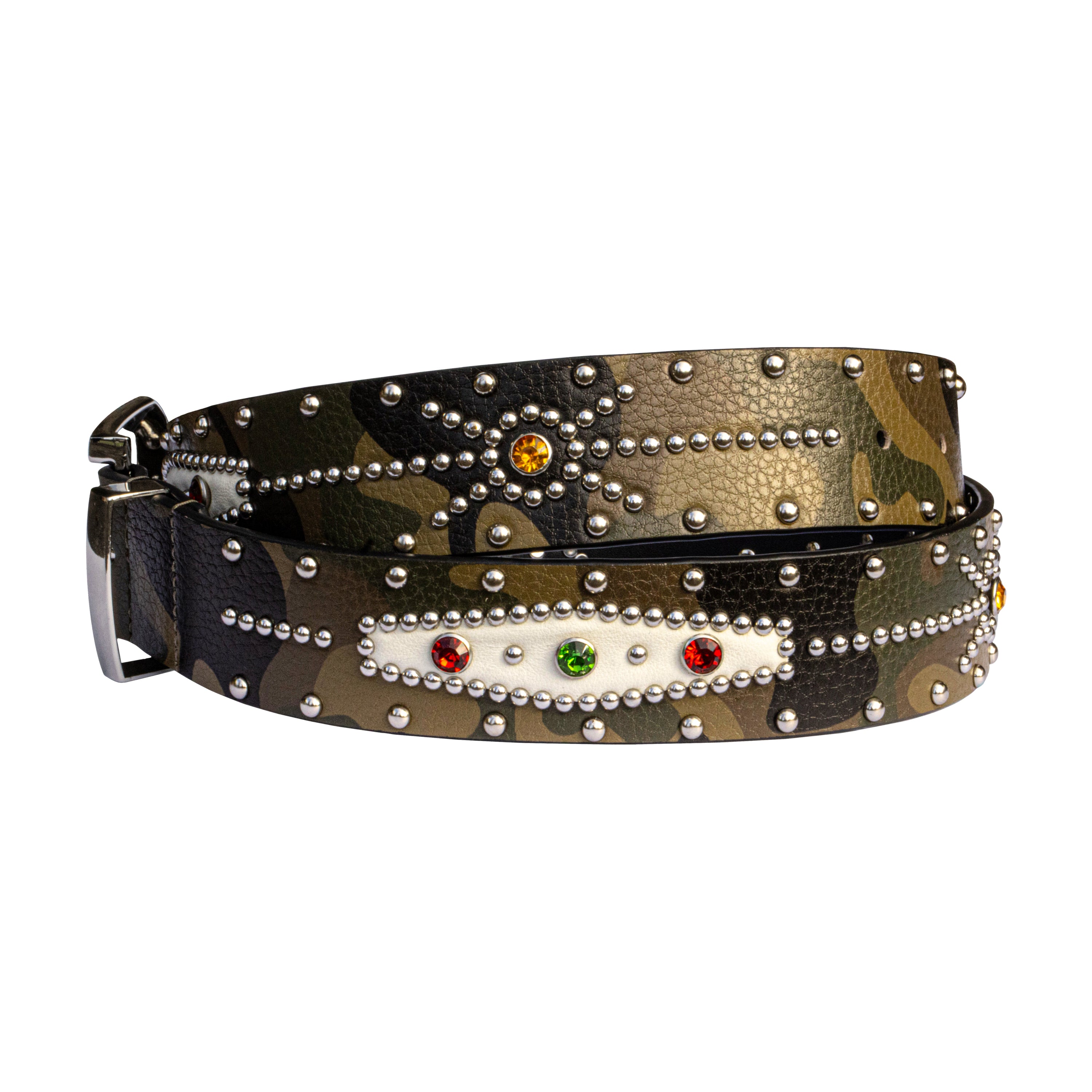 STUDDED CAMO COWHIDE BELT IN GREEN
