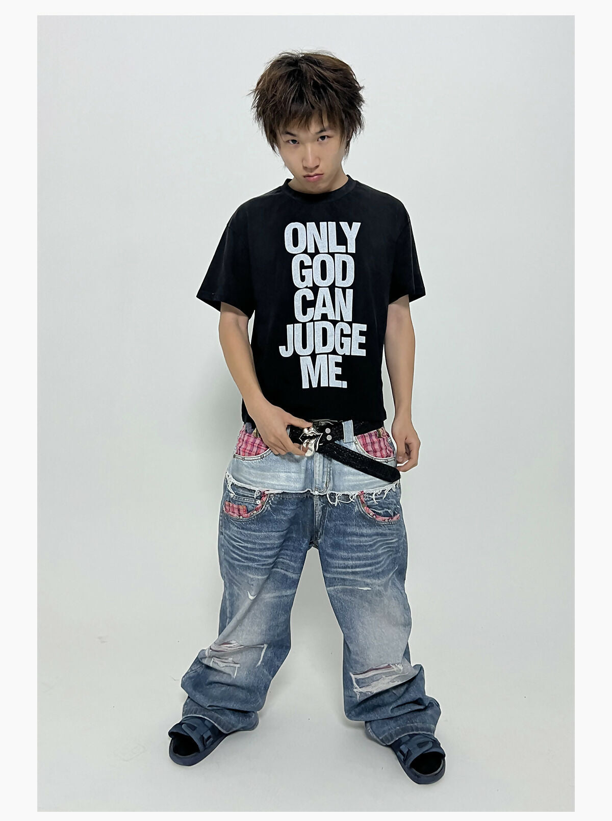PLAID DOUBLE-WAIST JEANS