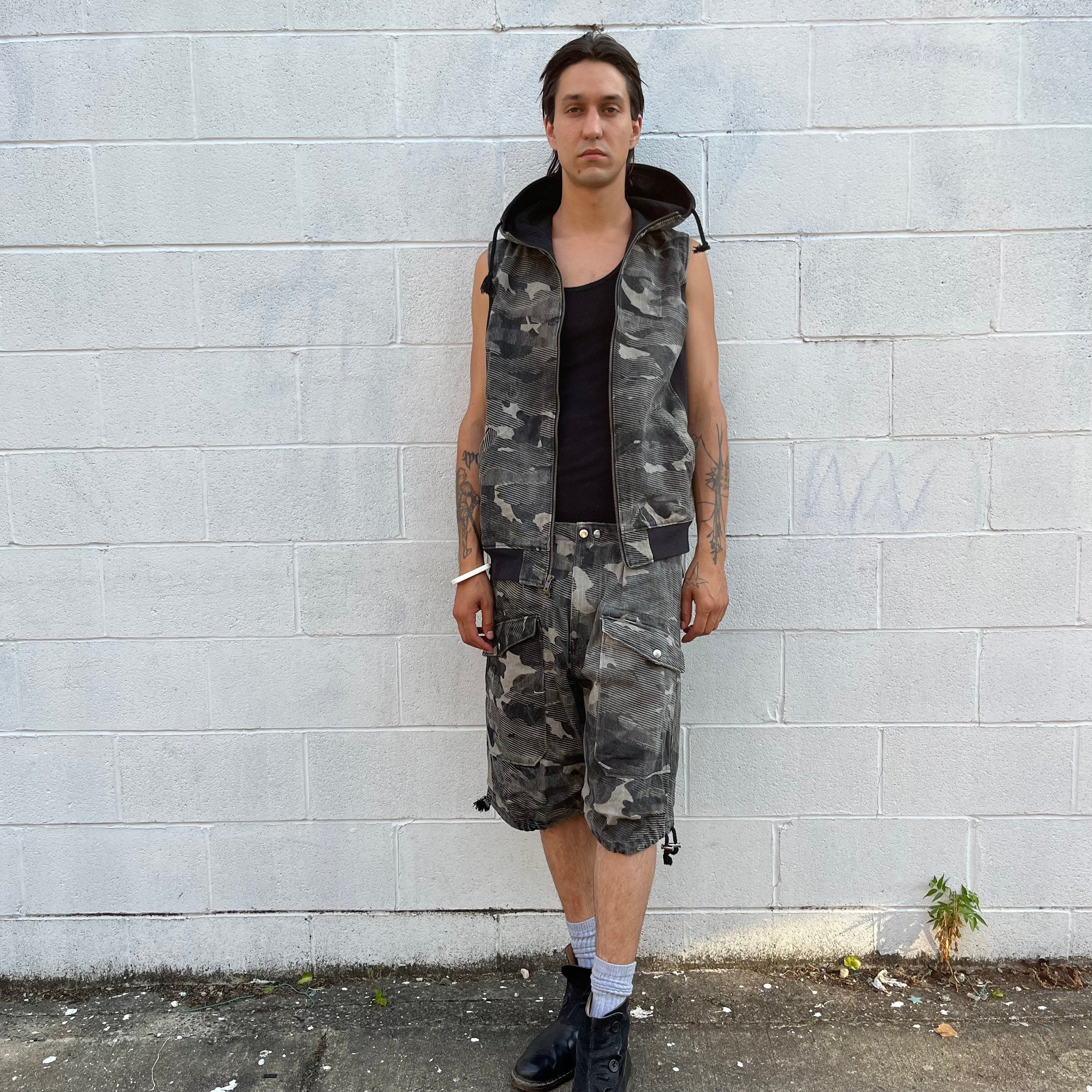 Denim Utility Cargo Shorts - Mapped Mono Print Camo