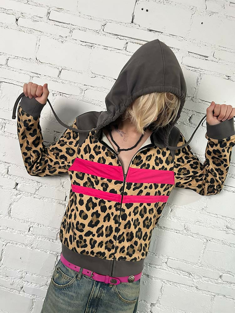 LEOPARD PLAID PATCH COLOR BLOCK HOOD JACKET