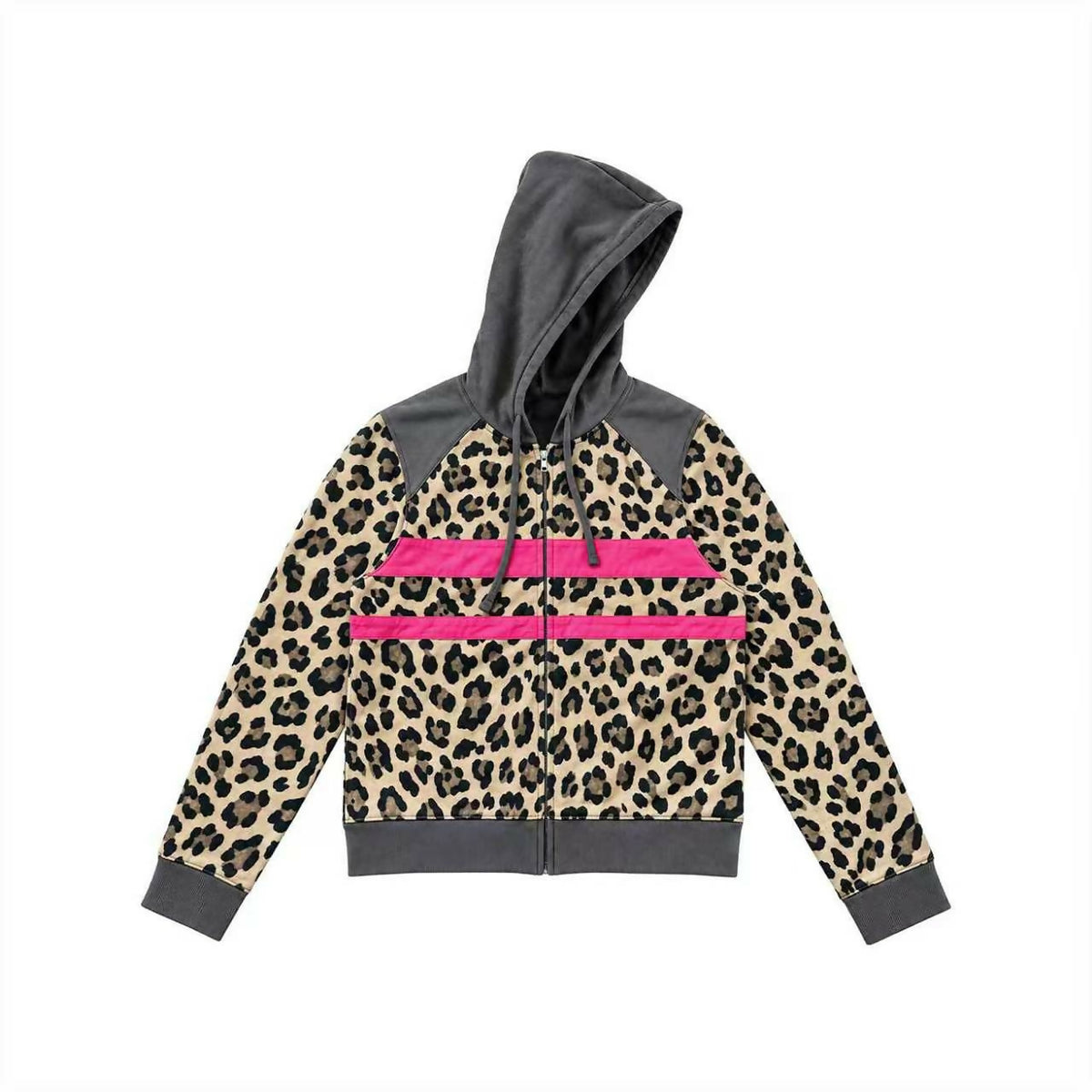 LEOPARD PLAID PATCH COLOR BLOCK HOOD JACKET