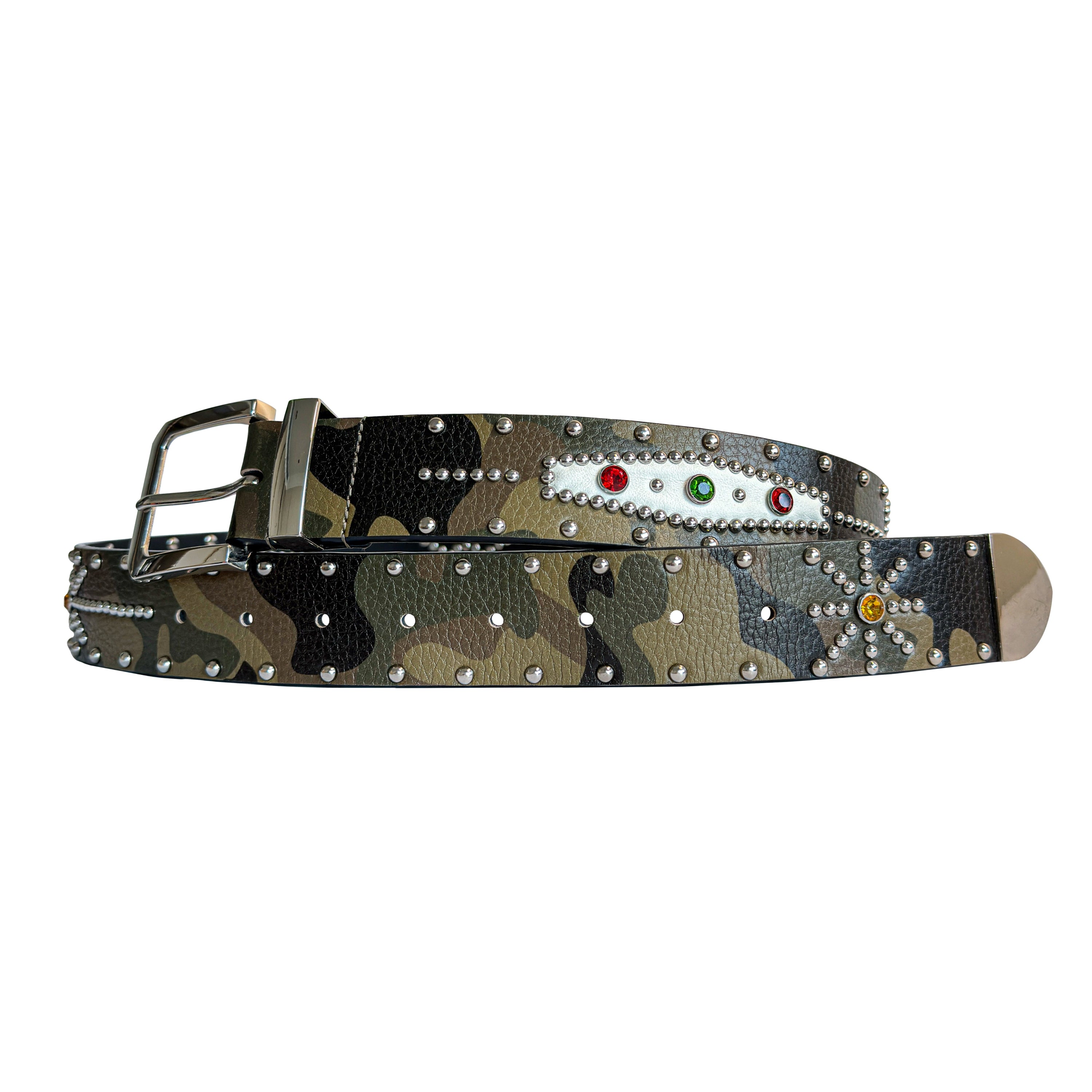 STUDDED CAMO COWHIDE BELT IN GREEN