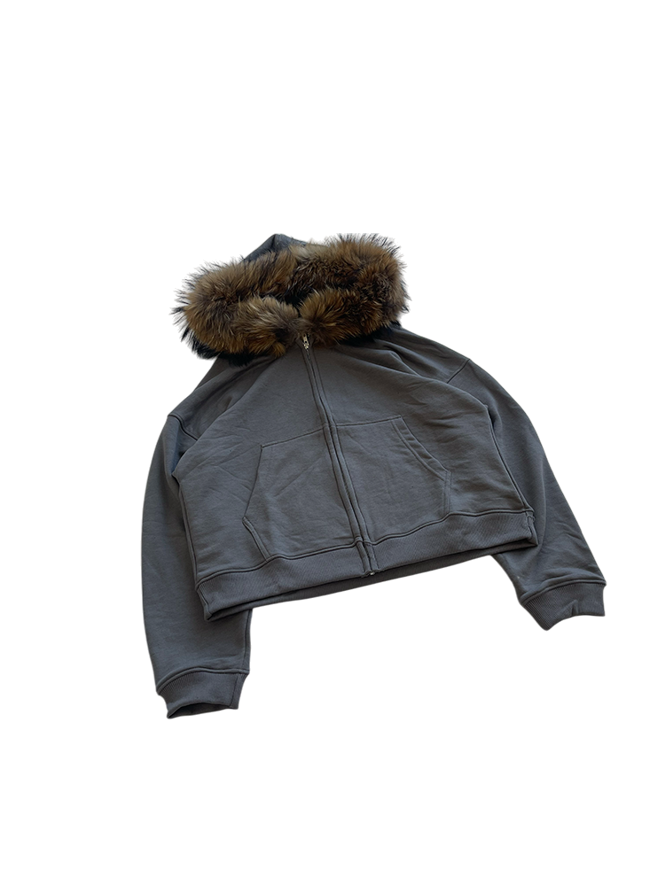 FUR HOODIE, CHARCOAL/BROWN