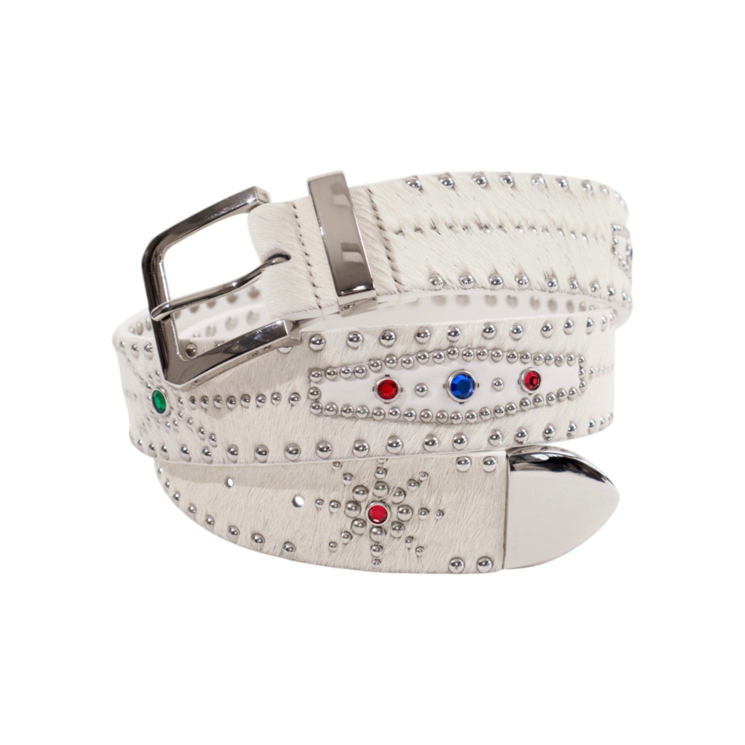 STUDDED CALF-HAIR BELT IN WHITE