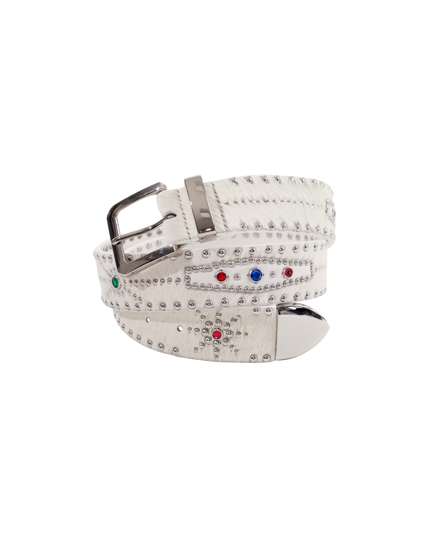 STUDDED CALF-HAIR BELT IN WHITE