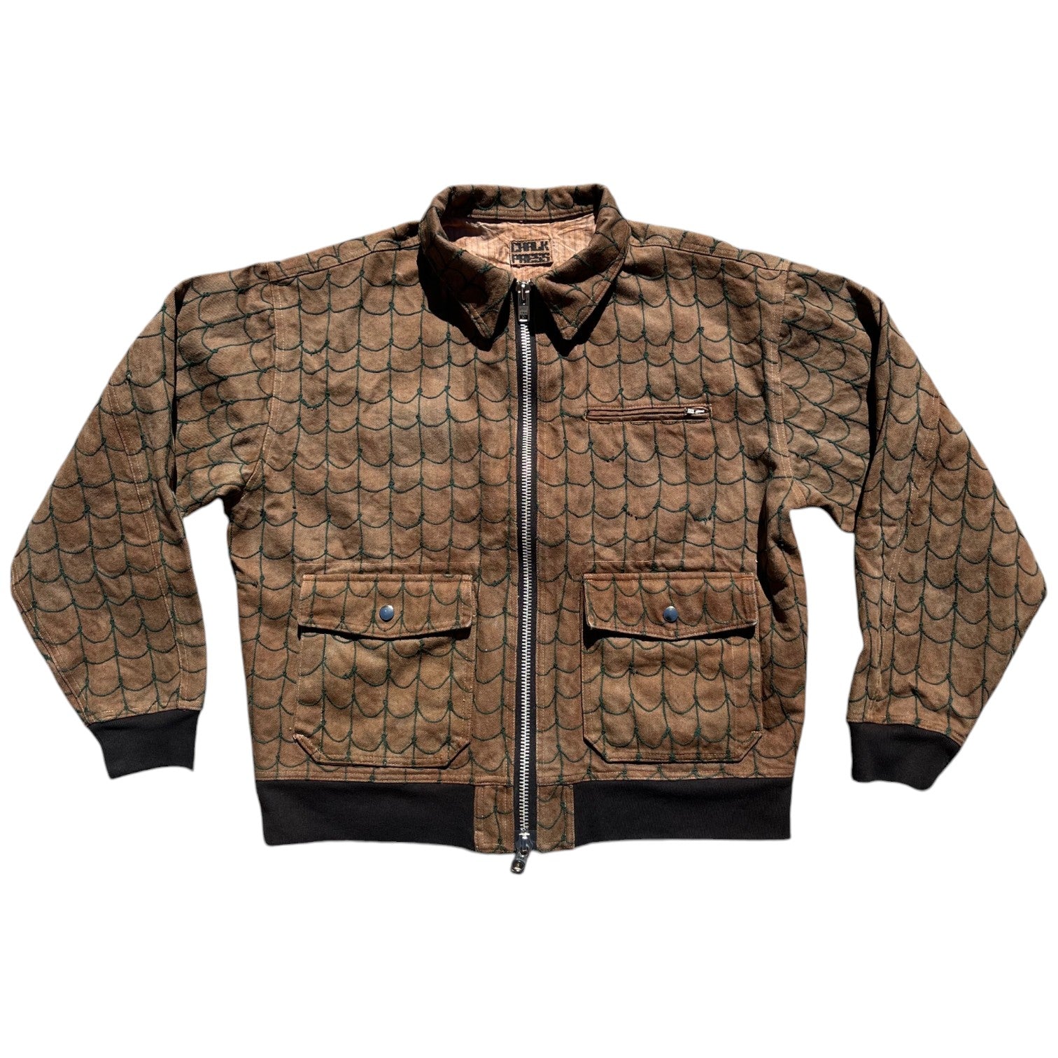 Infrequent Flyer Jacket Lined - Persimmon 12oz Fishnet Green Chainstitch Denim