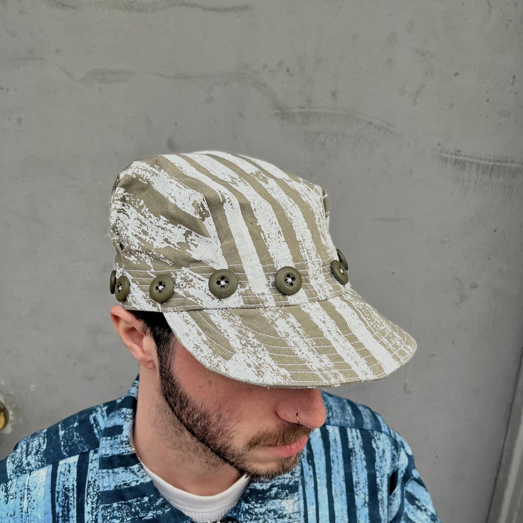 Pleated Mechanics Cap - Striped Cotton Ripstop