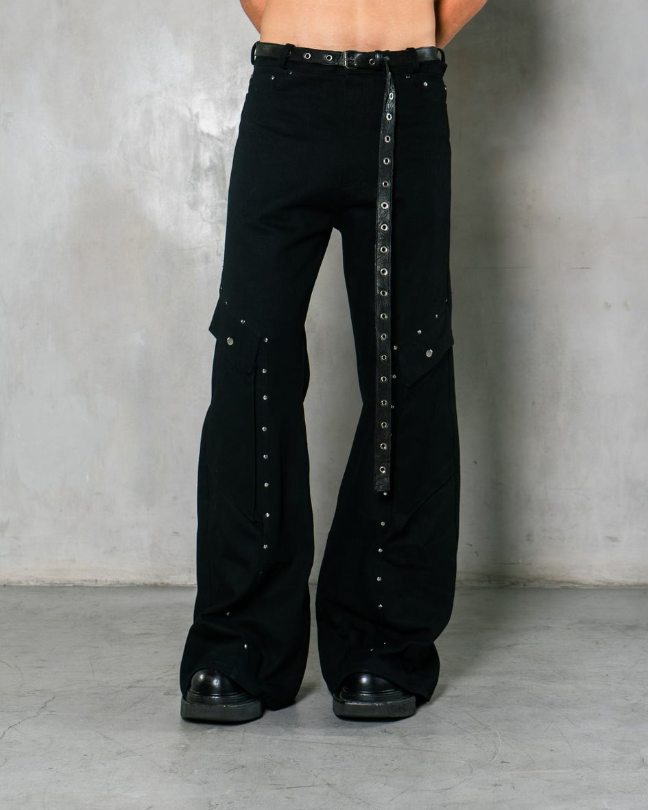 Studded Black Denim Cargo Pants