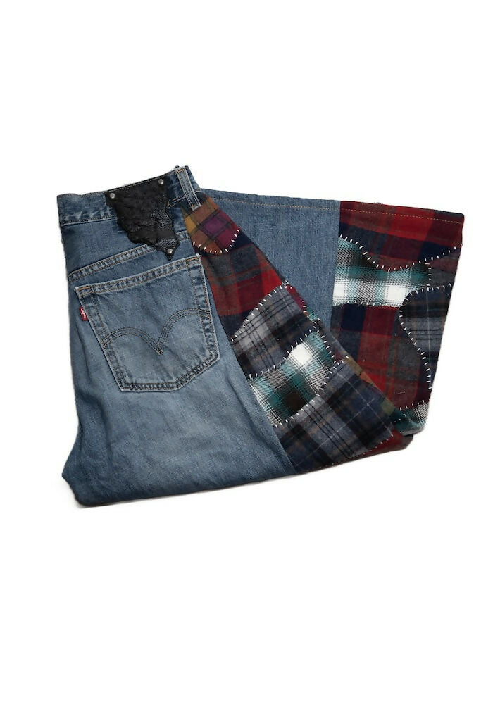 Patchwork Wool Side-Seam Denim Shorts