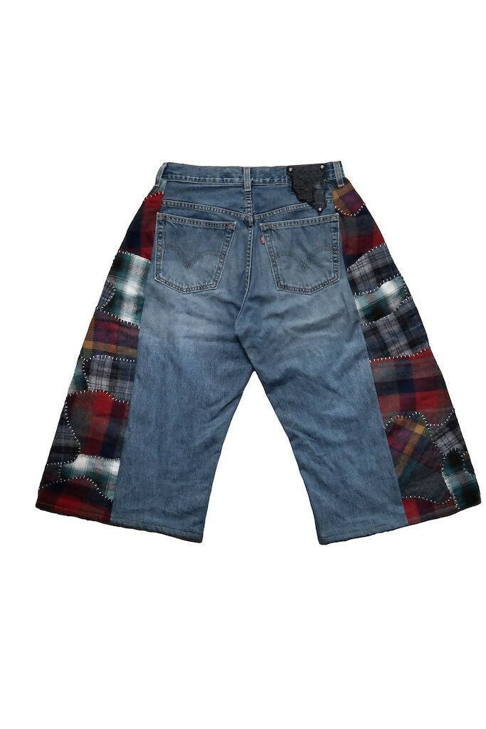 Patchwork Wool Side-Seam Denim Shorts