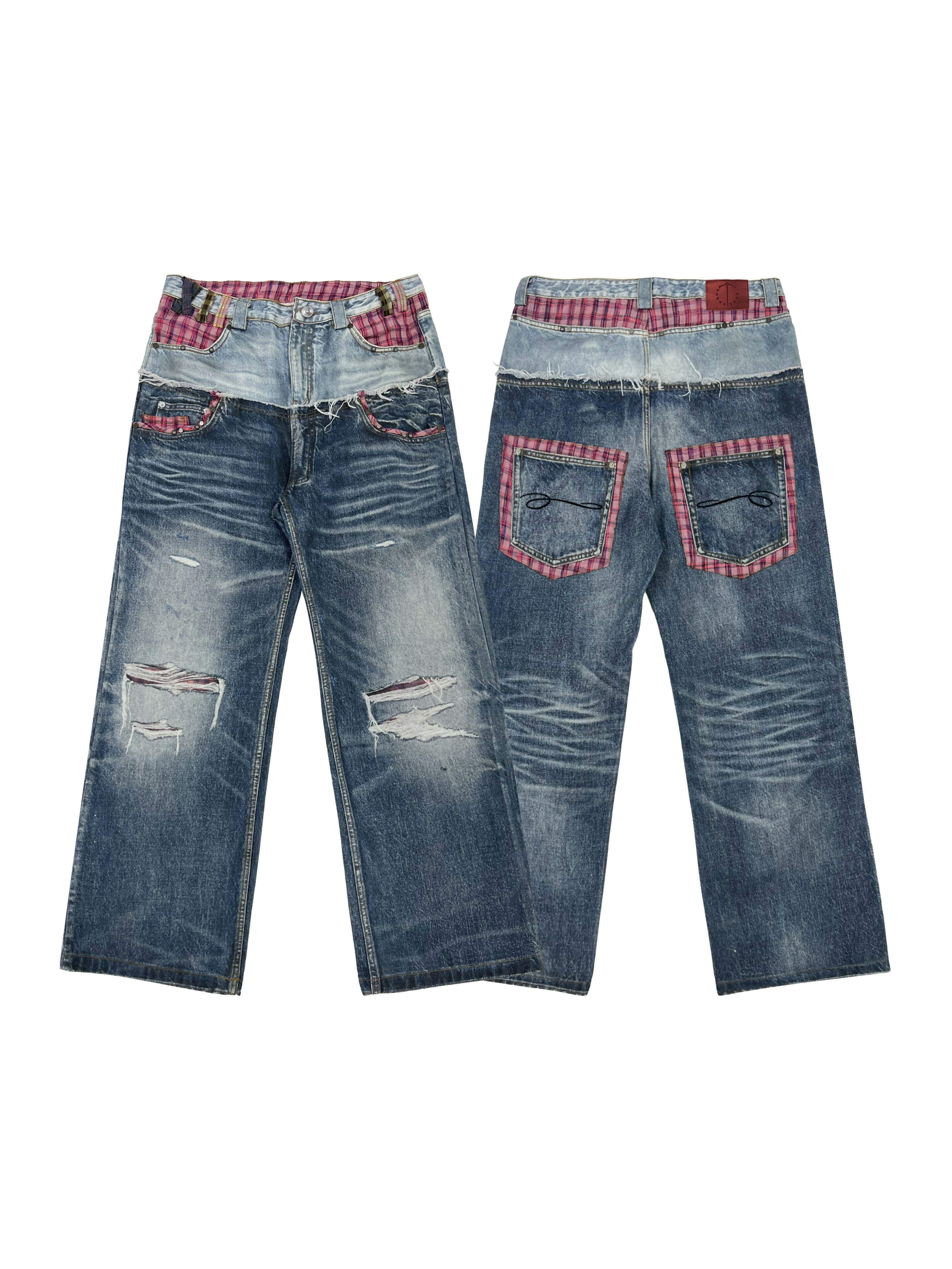 PLAID DOUBLE-WAIST JEANS