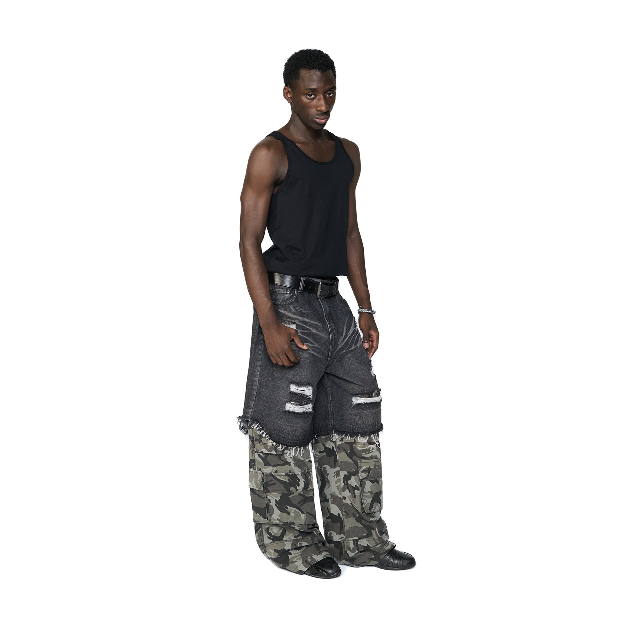 BLACK CAMO DOUBLE LAYERED BAGGY PANTS (P.S)