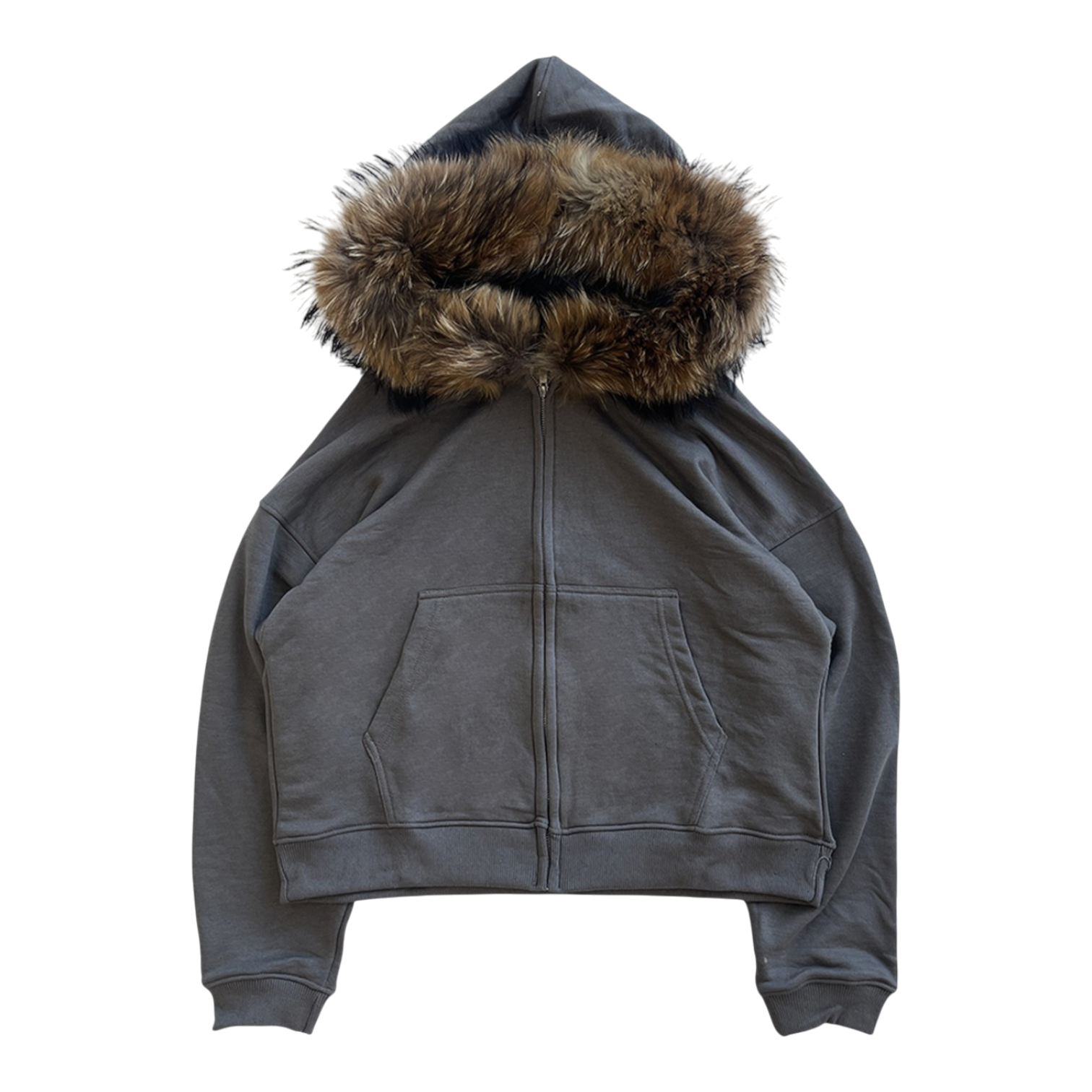 FUR HOODIE, CHARCOAL/BROWN