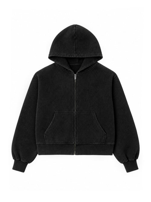 WAFFLE ZIP-UP HOODIE | BLACK