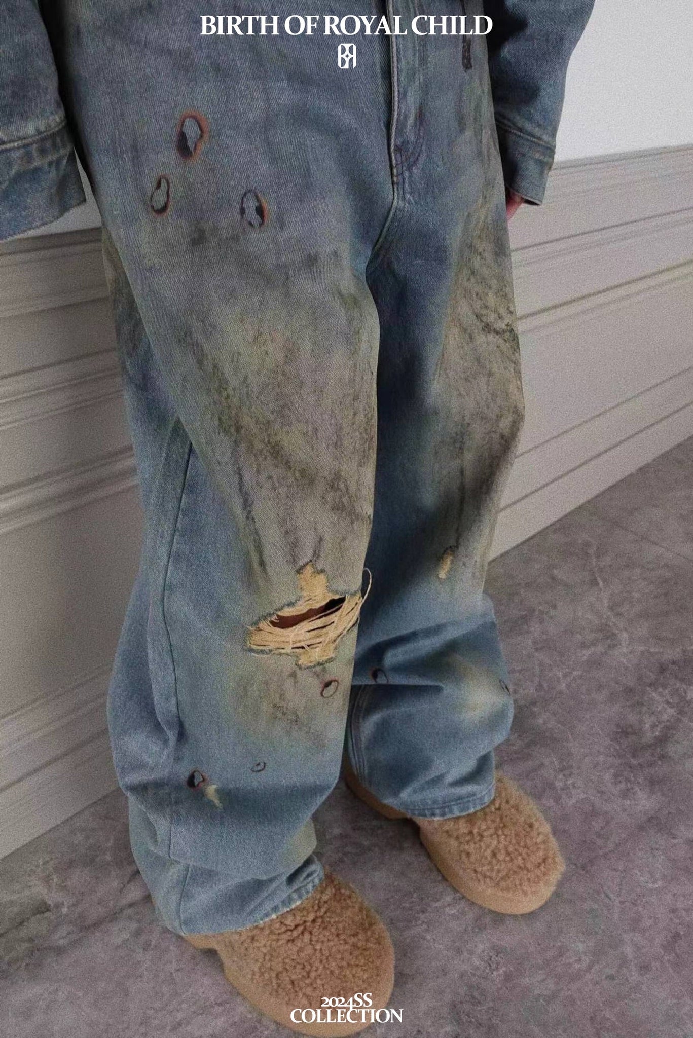 Dirty-Washed Brushing Wax Baggy Denim