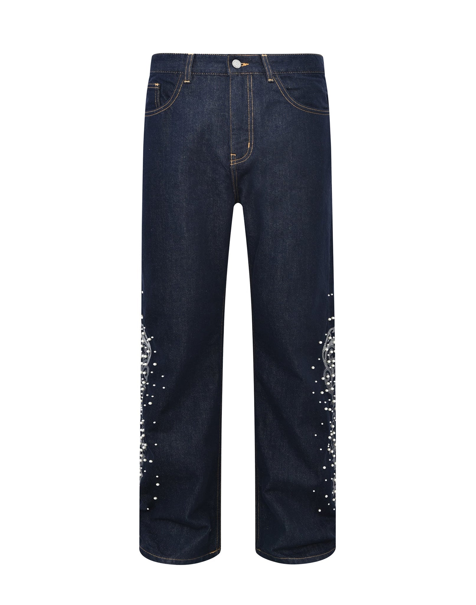 Raw Denim Embroidered Pearl Flared Jeans