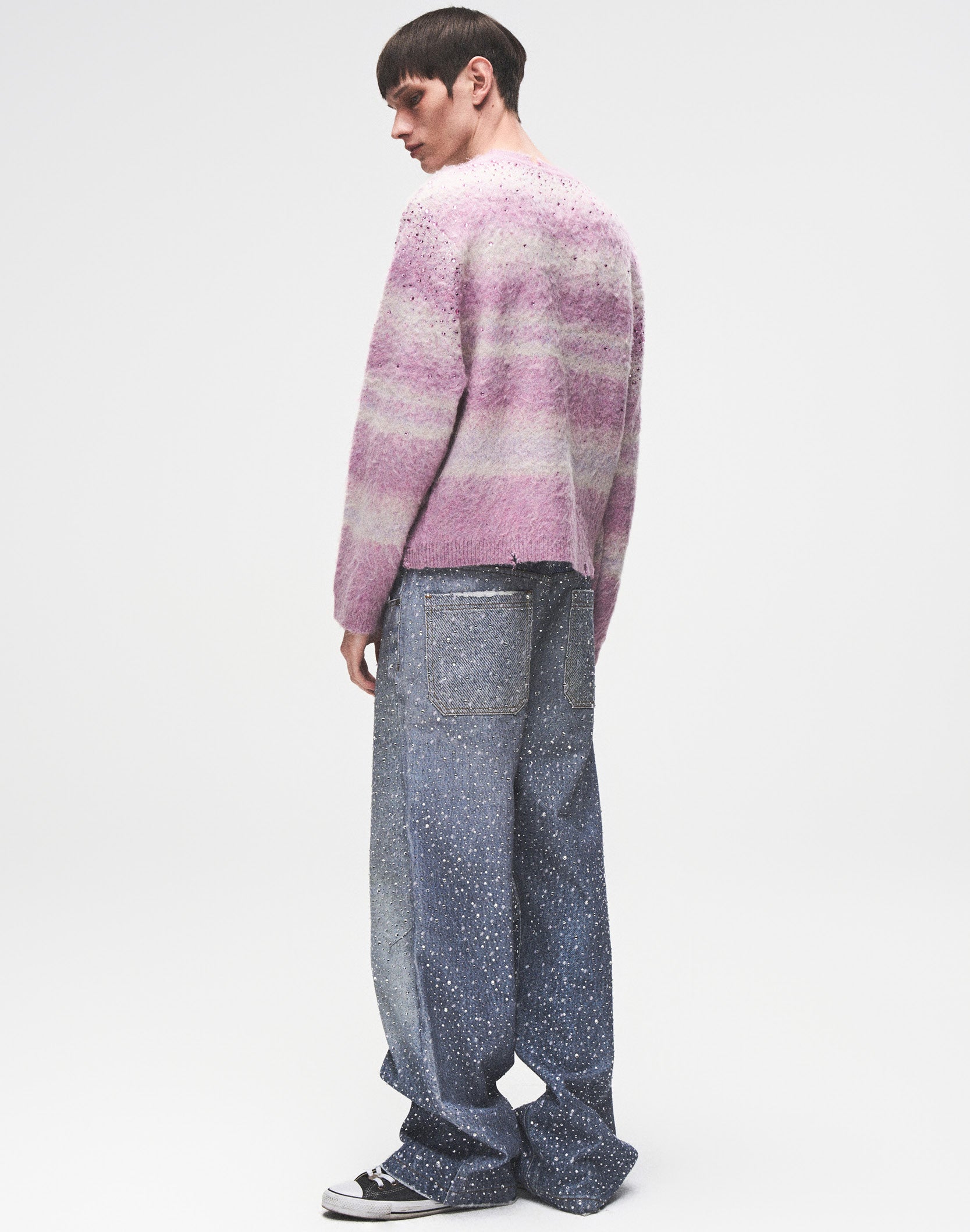 Rhinestone Embellished Color Block Mohair Sweater in PNK